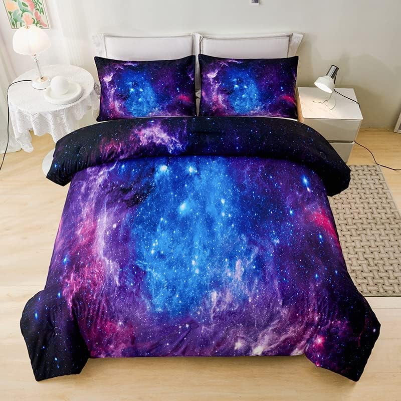 Fluffy Down Alternative Galaxy Comforter Set Outer Space Purple Starry Sky Night Pattern Bedding Set for Girls Boys Kids Teens Twin Size with... - Hypoallergenic Ultra-Fluffy Quilt for Winter Detail
