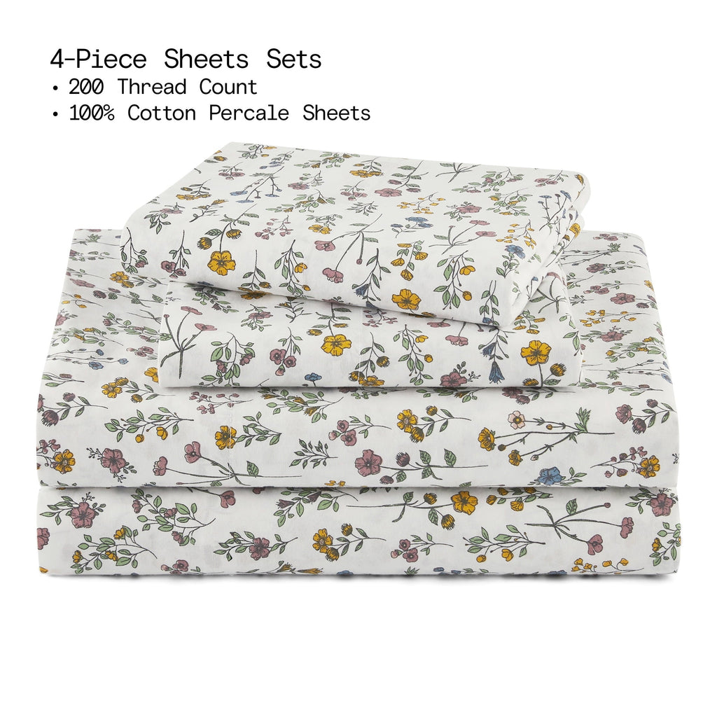 Wrinkle-Resistant Botanical 4-Piece 100% Cotton Washed Percale White Sheet Set, Queen - Premium Ultra-Soft Pillowcase Pair for Sleeping Detail