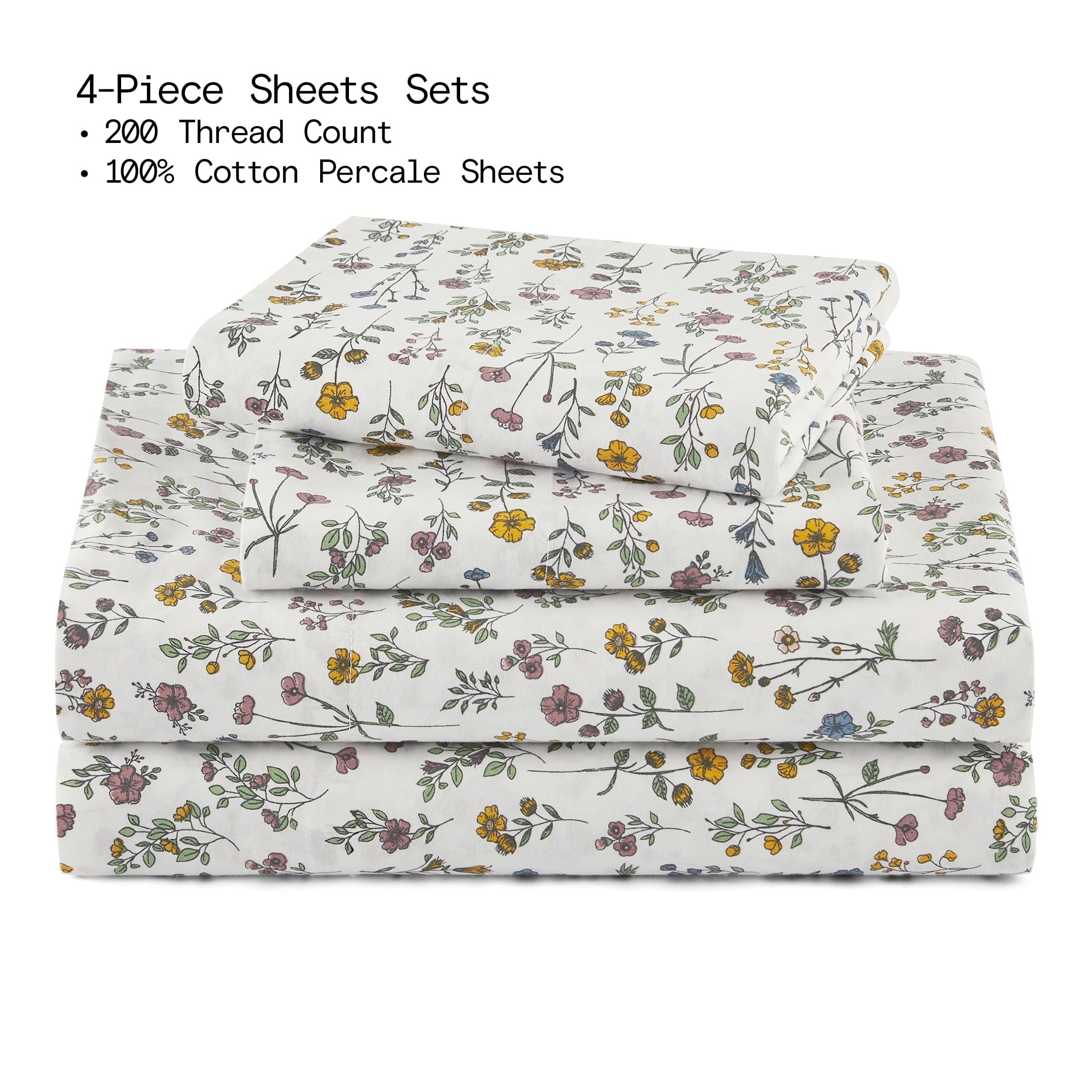 Wrinkle-Resistant Botanical 4-Piece 100% Cotton Washed Percale White Sheet Set, Queen - Premium Ultra-Soft Pillowcase Pair for Sleeping Detail