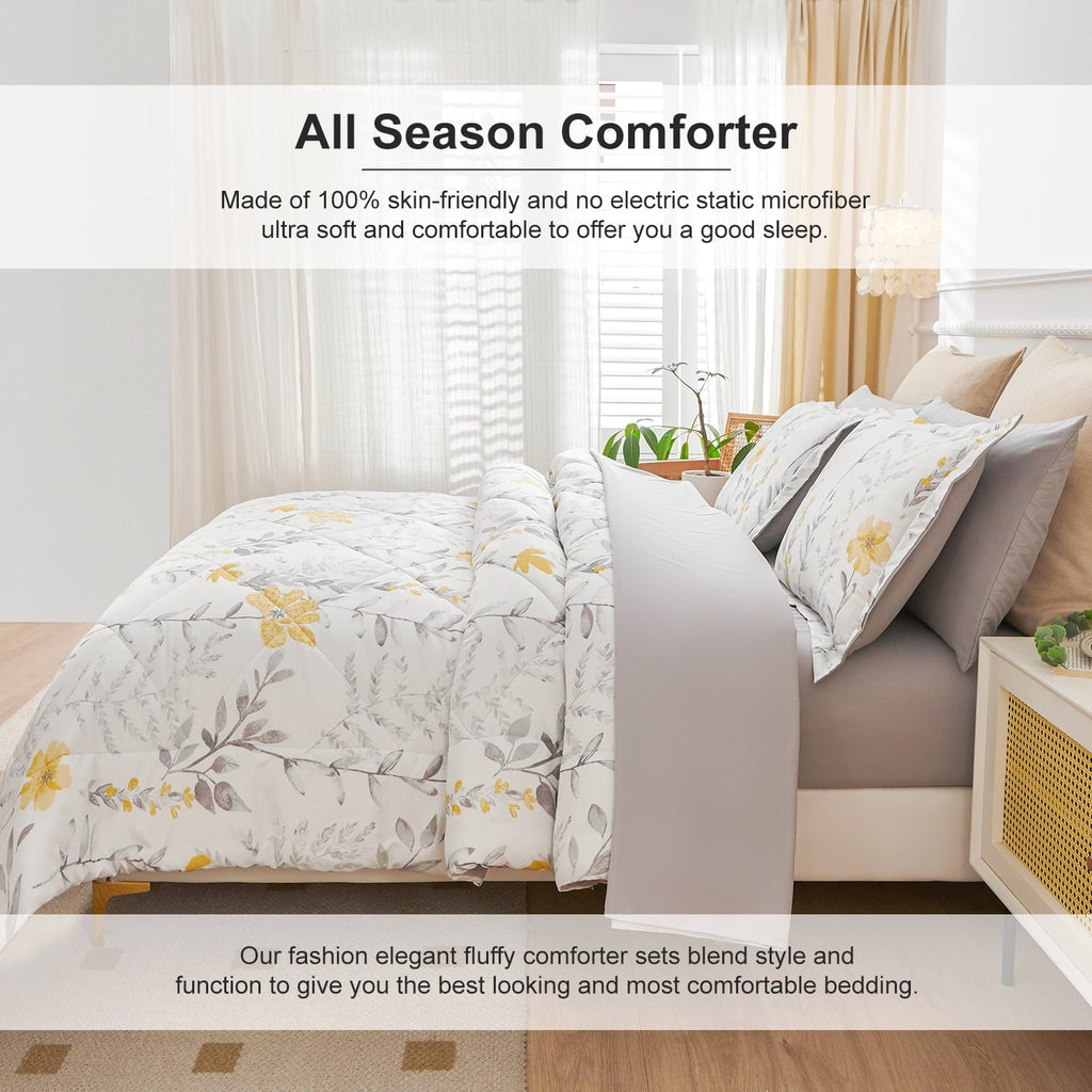 Hypoallergenic Cloud 3 Piece Comforter Set Queen Yellow Floral Quilt Microfiber Patchwork Bedspread - Cloud-Like Soft Lightweight Bed Comforter Detail