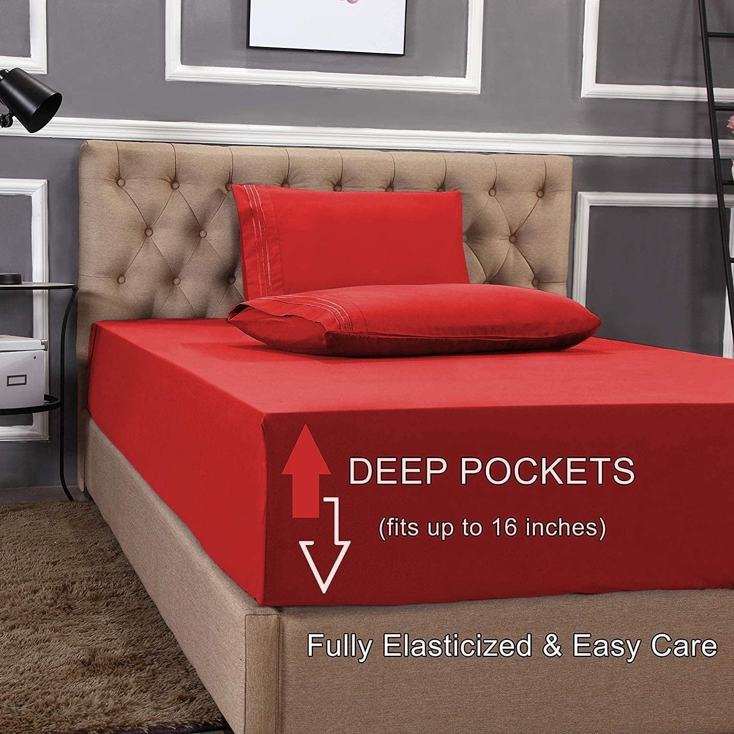 Wrinkle-Resistant 1800 Series Microfiber Bed Sheets 6-Piece Set, Deep Pocket, Queen Black - Cooling Hotel Quality Bedding Sheets and Pillowcases Detail