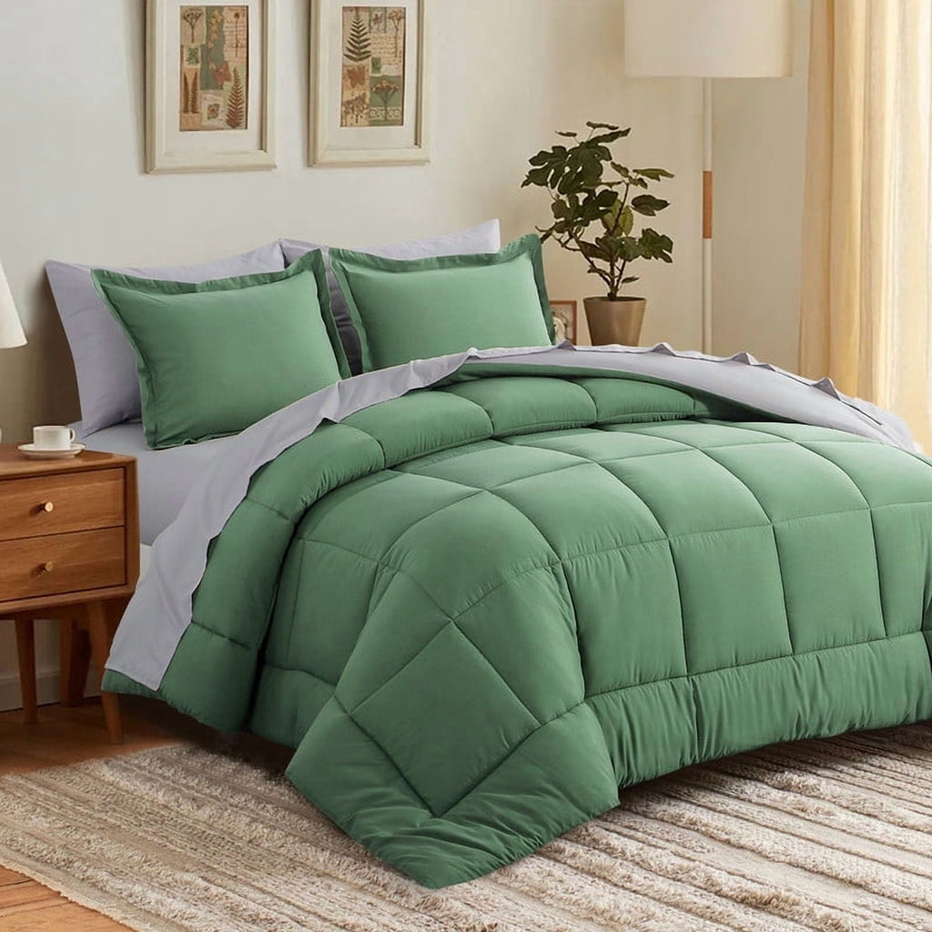 Luxurious Quilted Grass Green/Grey Queen Size Comforter Set,3-Pieces Reversible Comforter Set Soft and Lightweight,All Season Down Alte... - Luxurious Quilted Duvet Cover Set Detail