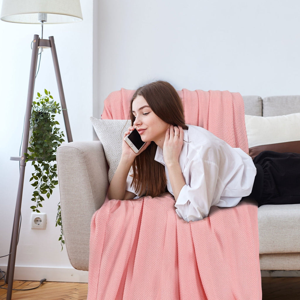 Decorative Knitted Pure Cotton Soft Cable Knit Throw Blanket Pink 50" x 70" - Cozy Fleece Throw Blanket for Couch & Bed Detail