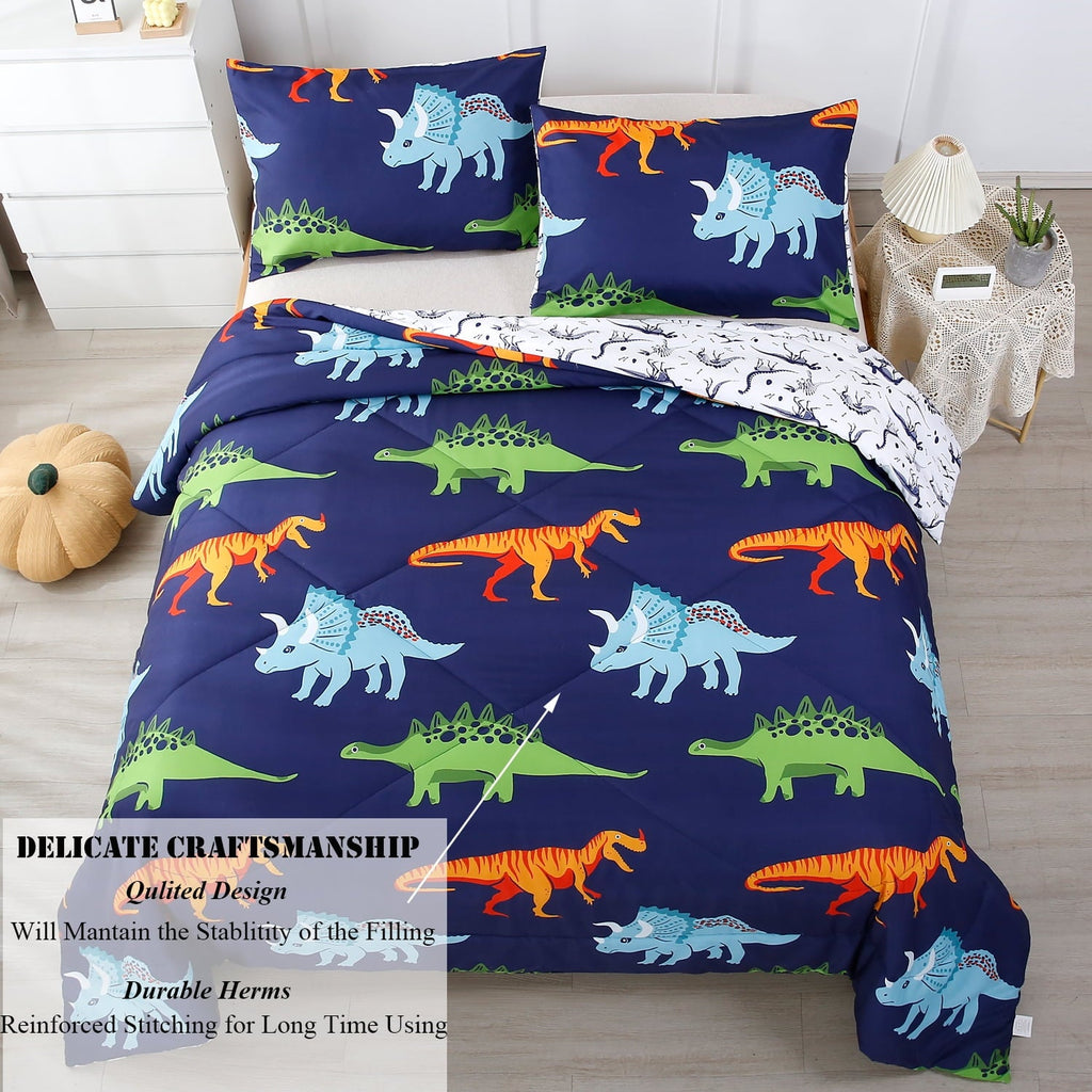 Luxurious Quilted 3 Pcs Dinosaur Twin Size Bedding Sets for Boys, Dinosaur Printing Boys Comforter Set, Blue and White Reversible Bed C... - Luxurious Quilted Duvet Cover Set Detail
