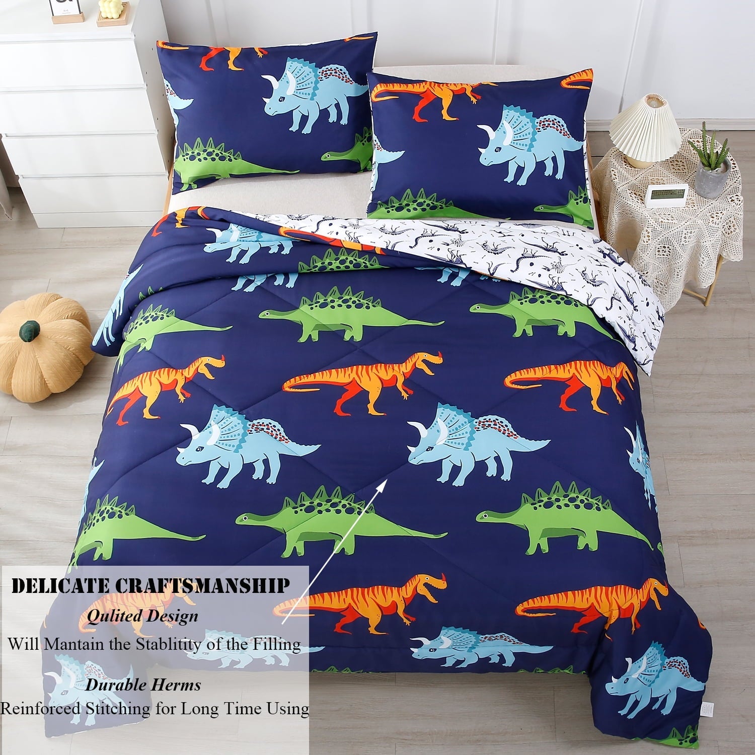 Luxurious Quilted 3 Pcs Dinosaur Twin Size Bedding Sets for Boys, Dinosaur Printing Boys Comforter Set, Blue and White Reversible Bed C... - Luxurious Quilted Duvet Cover Set Detail