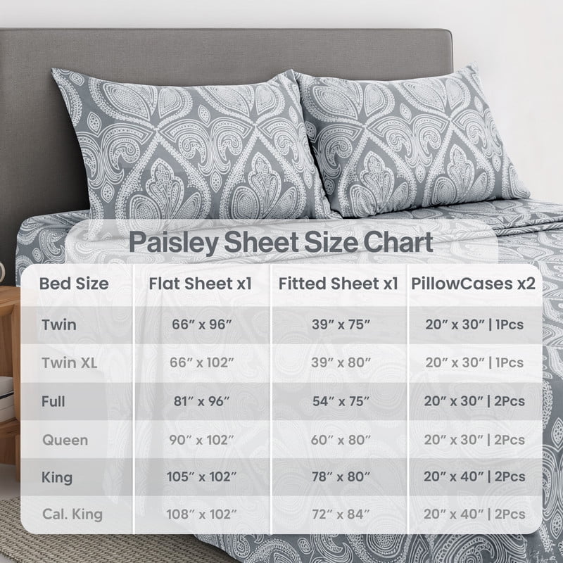Ultra-Soft Lux Decor 4 Piece Queen Sheet Set, Brushed Microfiber Paisley Printed Bed Sheet Set with up to 16" Deep Pocket Fitted... - Cooling Hotel Quality Bedding Sheets and Pillowcases Detail