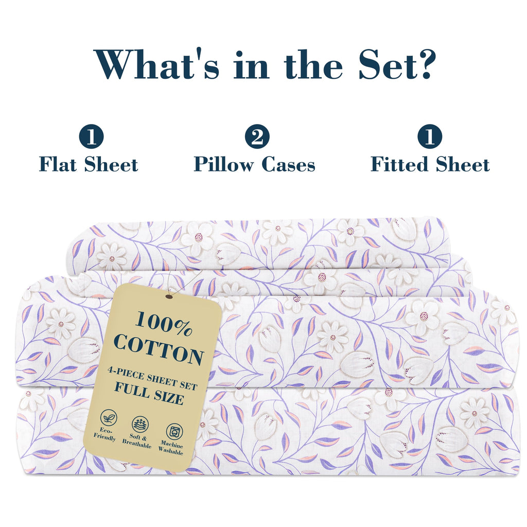 Wrinkle-Resistant 100% Cotton Full Size Sheets,4 Piece Pure Percale Bed Sheets Set Deep Pocket Fits Mattress Upto 15",floral vine pattern - Breathable Egyptian Cotton Flat & Fitted Sheets Detail
