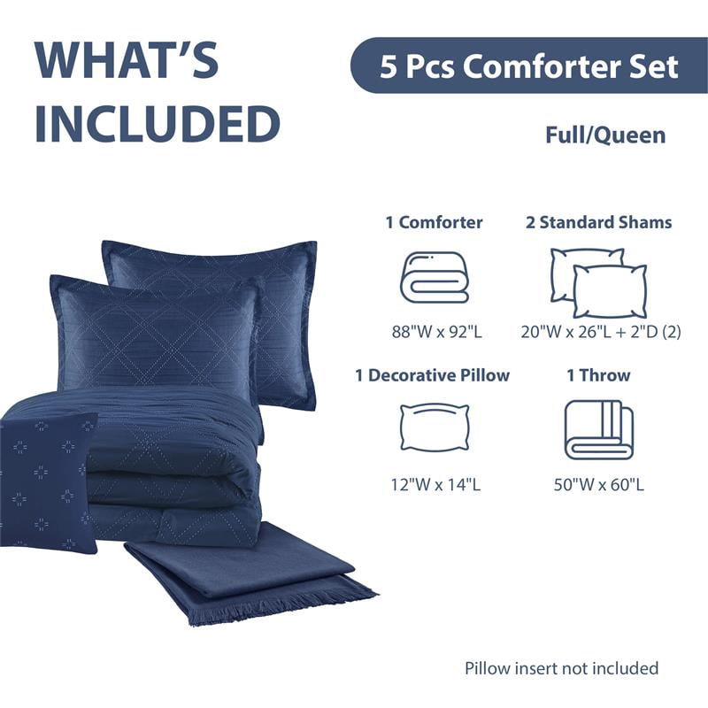 Hypoallergenic Cloud 5-Piece Reversible Comforter Set Navy Cross Stitch Bedding with Decor Pillow and Throw, Full/Queen - Luxurious Quilted Duvet Cover Set Detail