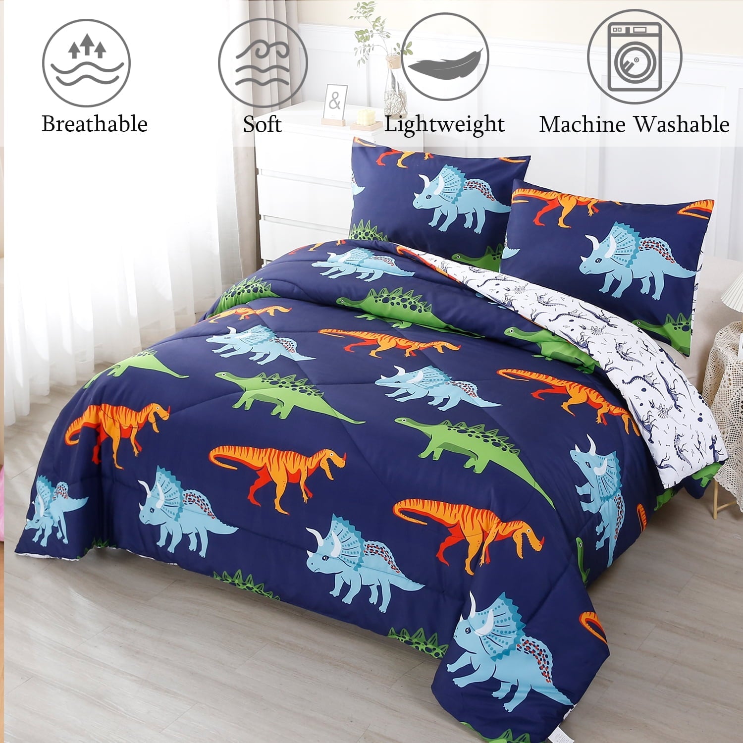 Luxurious Quilted 3 Pcs Dinosaur Twin Size Bedding Sets for Boys, Dinosaur Printing Boys Comforter Set, Blue and White Reversible Bed C... - Luxurious Quilted Duvet Cover Set Detail