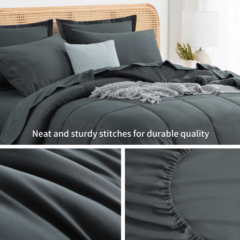 Heavyweight Warmth 7 Pieces Comforter Set with Sheets - Bed in a Bag with Comforter and All Season Sheets, Pillowcases,Dark Gray,Queen - Hypoallergenic Ultra-Fluffy Quilt for Winter Detail