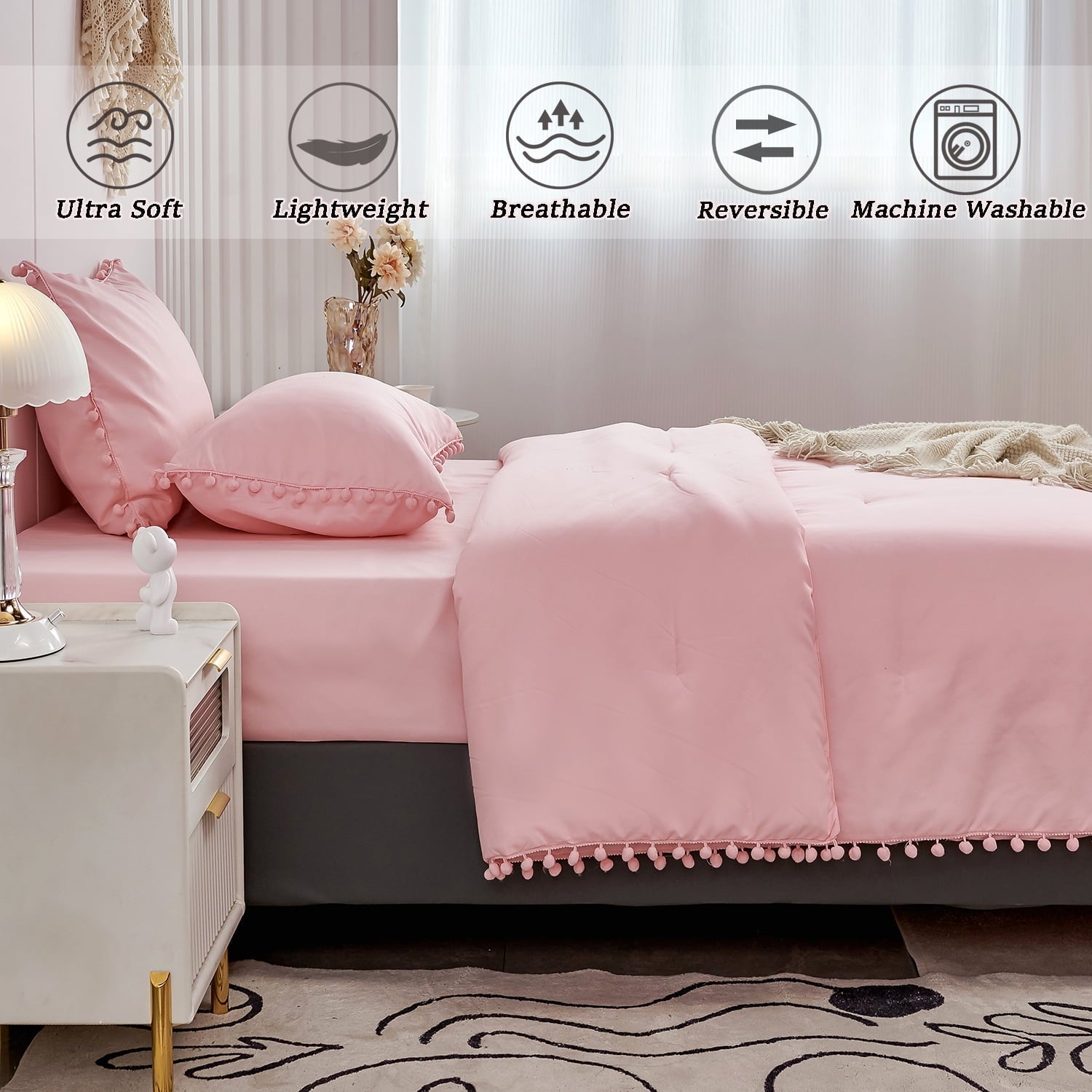 Fluffy Down Alternative Pink Full Size Comforter Set Pom Fringe 3 Pcs Boho Chic Cute Ball Pom Blush Bedding Set Cali Soft Lightweight Solid B... - Cloud-Like Soft Lightweight Bed Comforter Detail