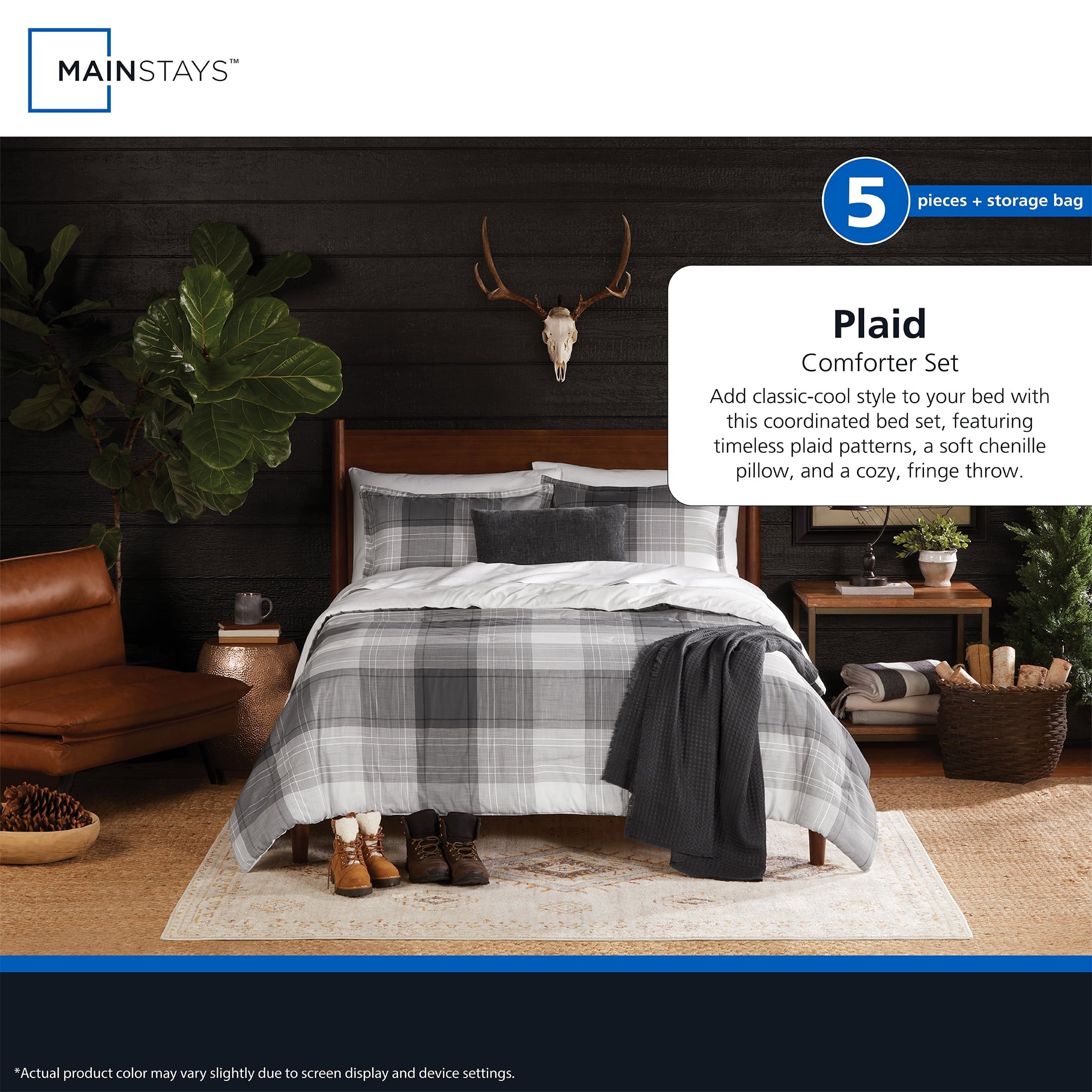 Fluffy Down Alternative Full/Queen Comforter Set, All-Season, 5-Piece, Grey Plaid - Hypoallergenic Ultra-Fluffy Quilt for Winter Detail