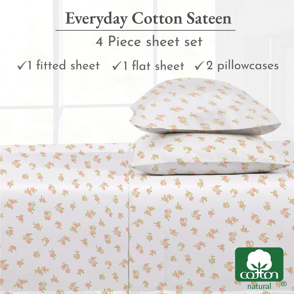 Cooling Sateen 4 Piece Printed Floral Bed Sheets Queen Size Set - 100% Cotton Sheets Queen, Soft Sateen Bedsheets, Deep Pocket Queen... - Luxury Bed Sheet Set with Deep Pockets Detail