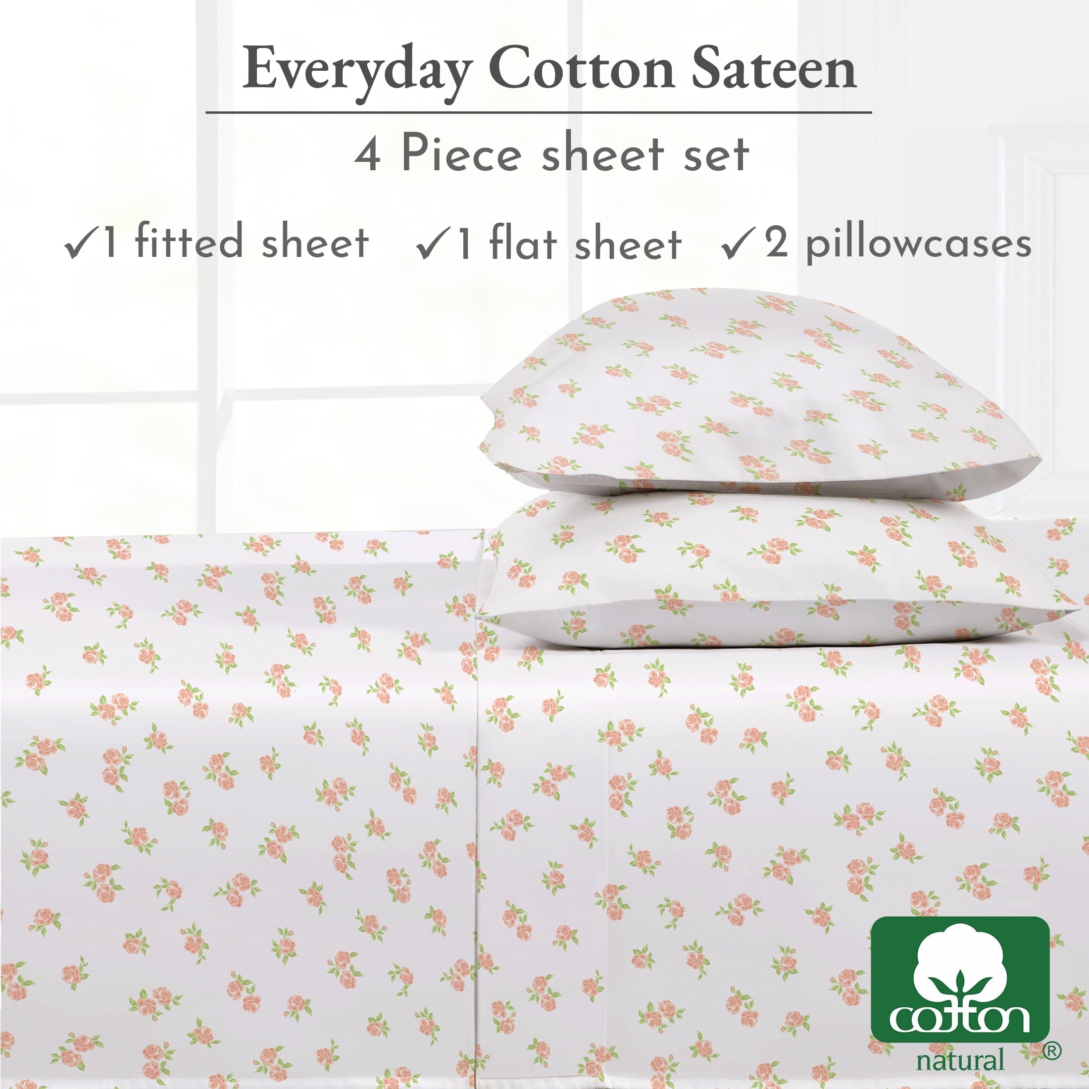 Cooling Sateen 4 Piece Printed Floral Bed Sheets Queen Size Set - 100% Cotton Sheets Queen, Soft Sateen Bedsheets, Deep Pocket Queen... - Luxury Bed Sheet Set with Deep Pockets Detail