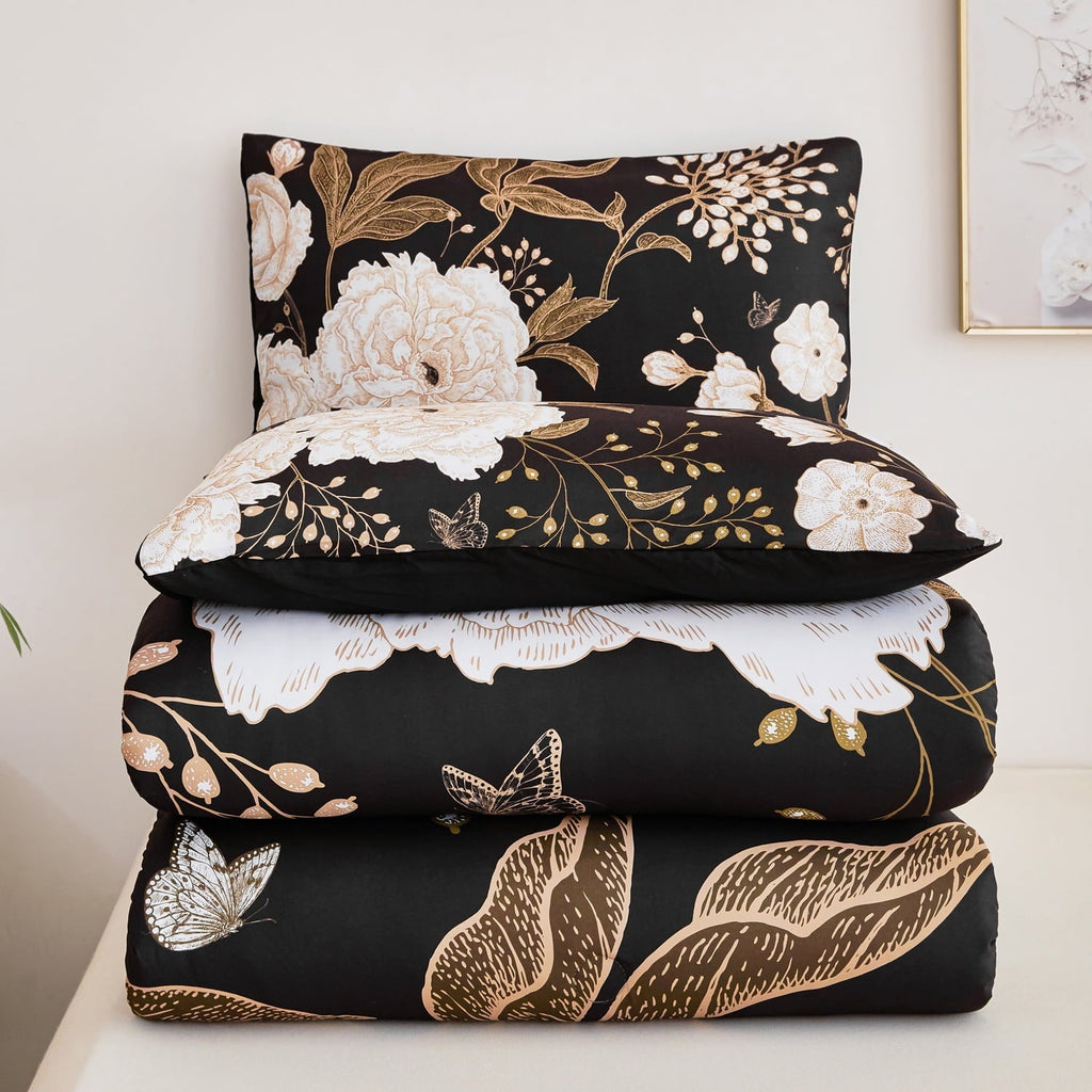 Luxurious Quilted Black Floral Comforter Set Queen, Printed Comforter White Flowers Butterfly Bedding Set, 3 Pieces Botanical Reversibl... - All-Season Down Alternative Comforter Insert Detail