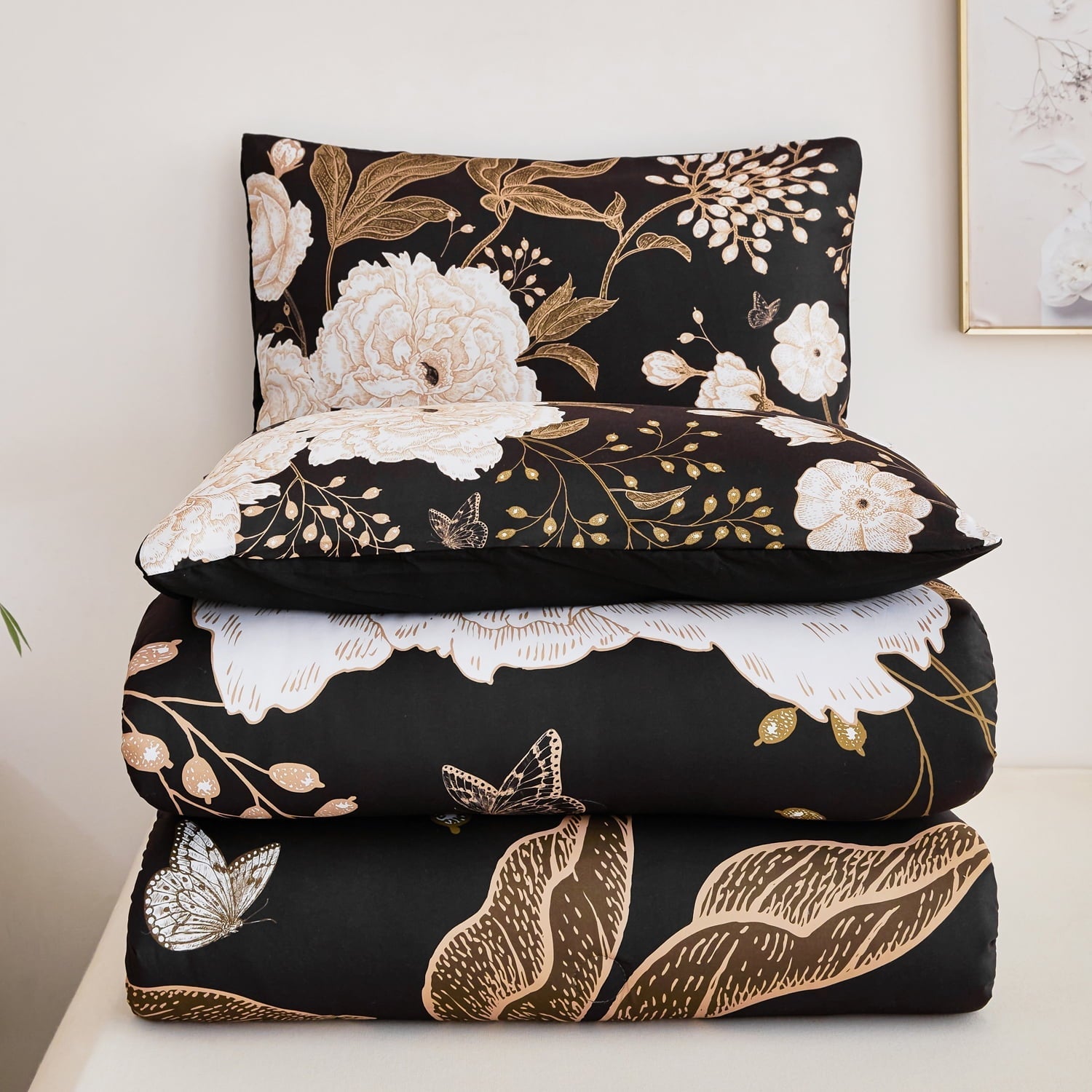 Luxurious Quilted Black Floral Comforter Set Queen, Printed Comforter White Flowers Butterfly Bedding Set, 3 Pieces Botanical Reversibl... - All-Season Down Alternative Comforter Insert Detail