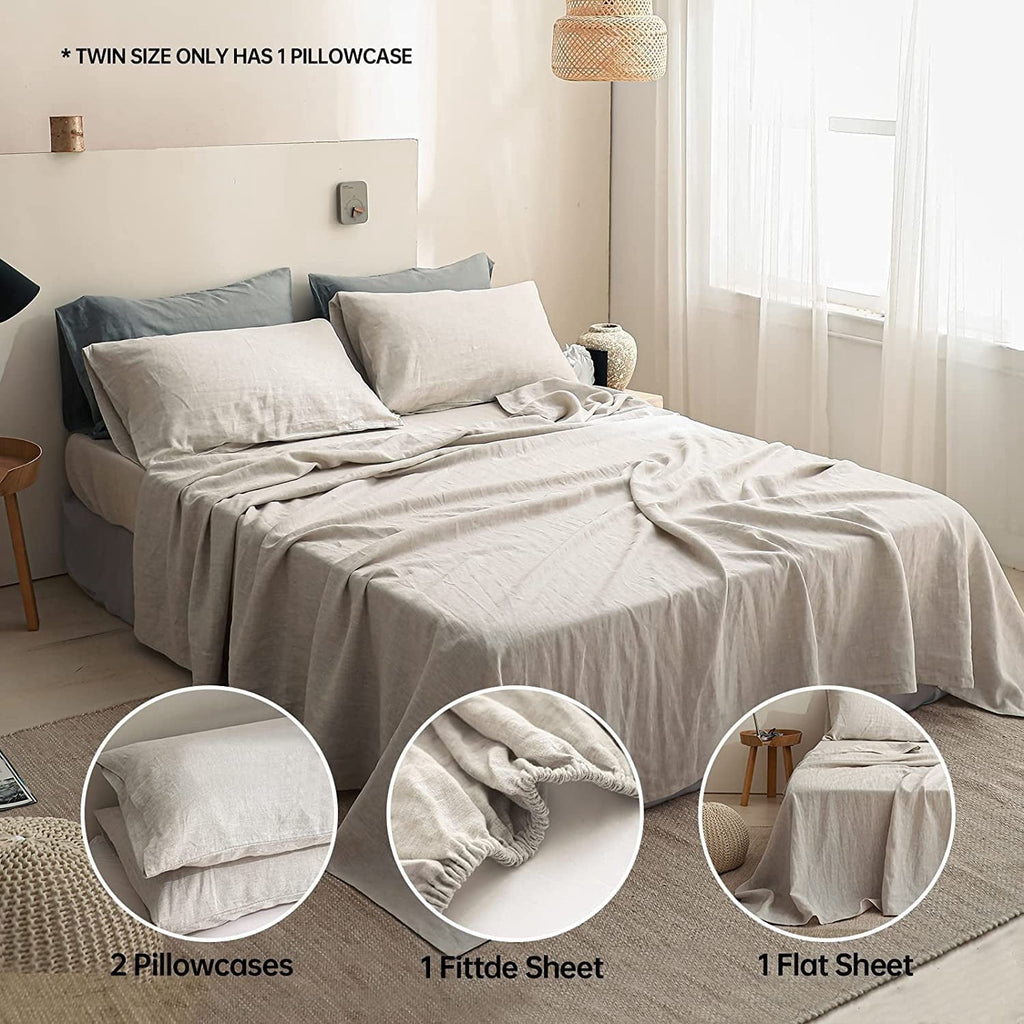 Breathable Luxury 100% Linen Sheet Set Solid Color-4 Pcs Washed French Linen Bed Sheets(1 Flat Sheet,1 Fitted Sheet,2 Pillowcases)-Brea... - Premium Ultra-Soft Pillowcase Pair for Sleeping Detail
