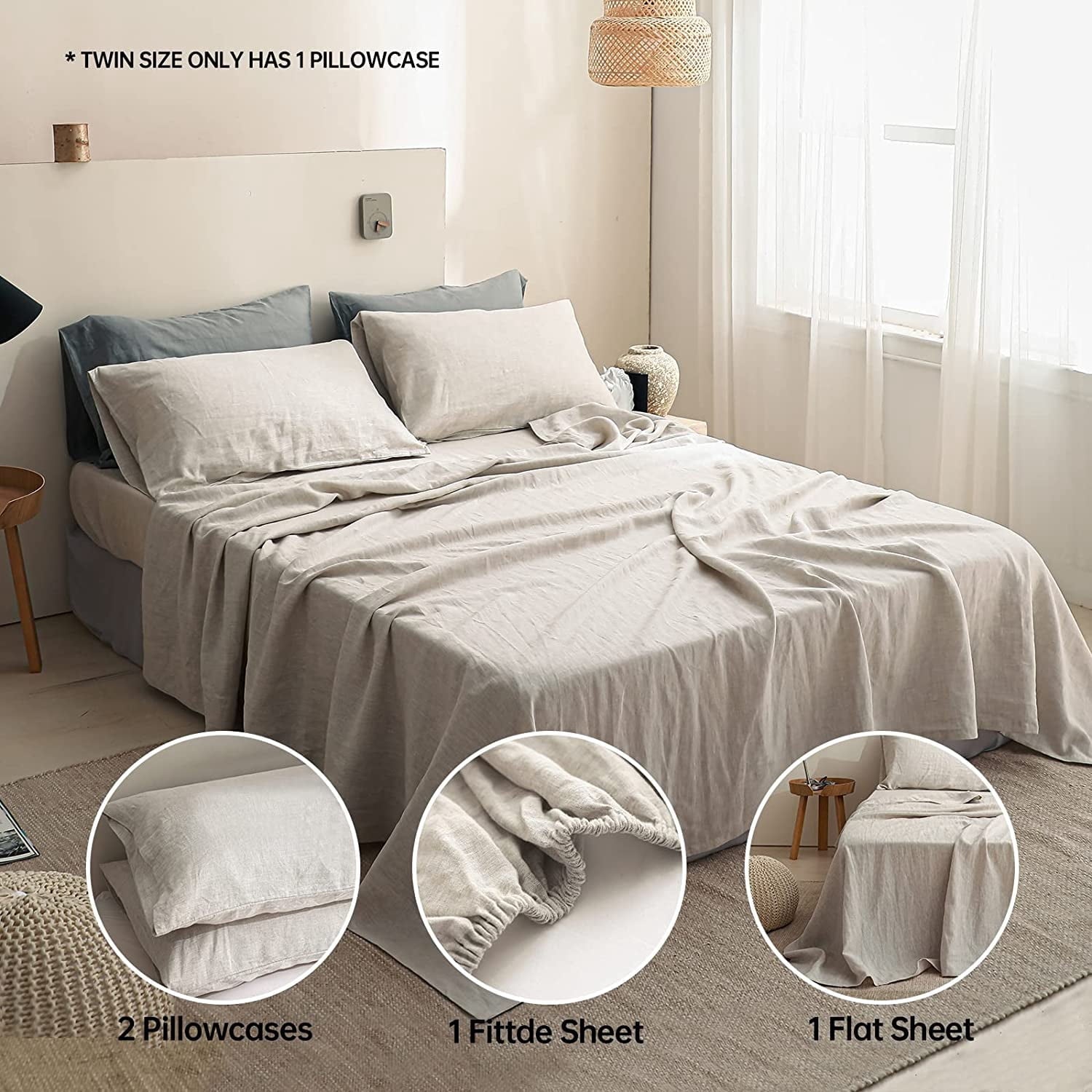 Breathable Luxury 100% Linen Sheet Set Solid Color-4 Pcs Washed French Linen Bed Sheets(1 Flat Sheet,1 Fitted Sheet,2 Pillowcases)-Brea... - Premium Ultra-Soft Pillowcase Pair for Sleeping Detail