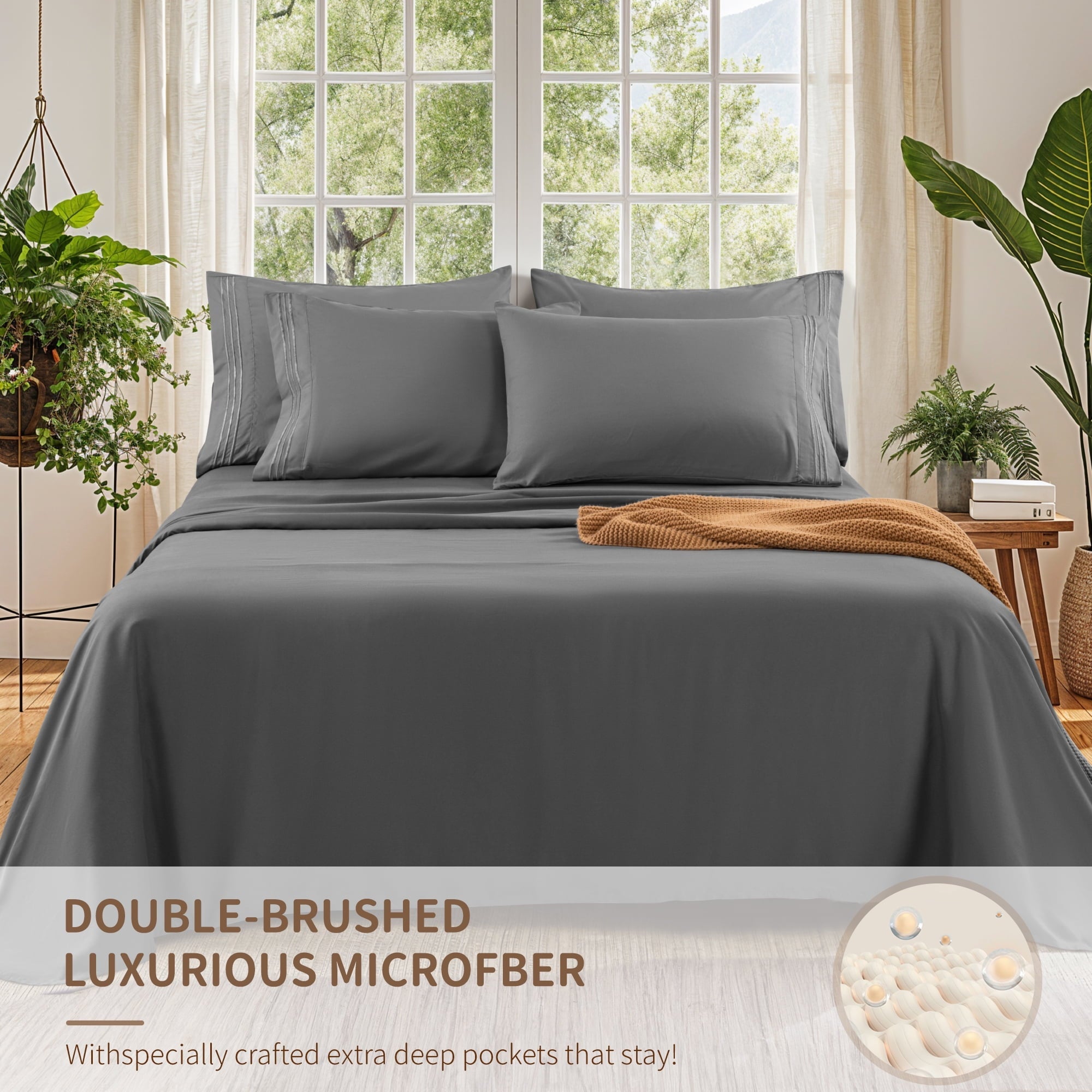 Breathable Luxury 6 Pieces Bed Sheet Set, 1800 Series Soft Microfiber Queen Sheets with 16" Deep Pocket, Dark Gray - Cooling Hotel Quality Bedding Sheets and Pillowcases Detail