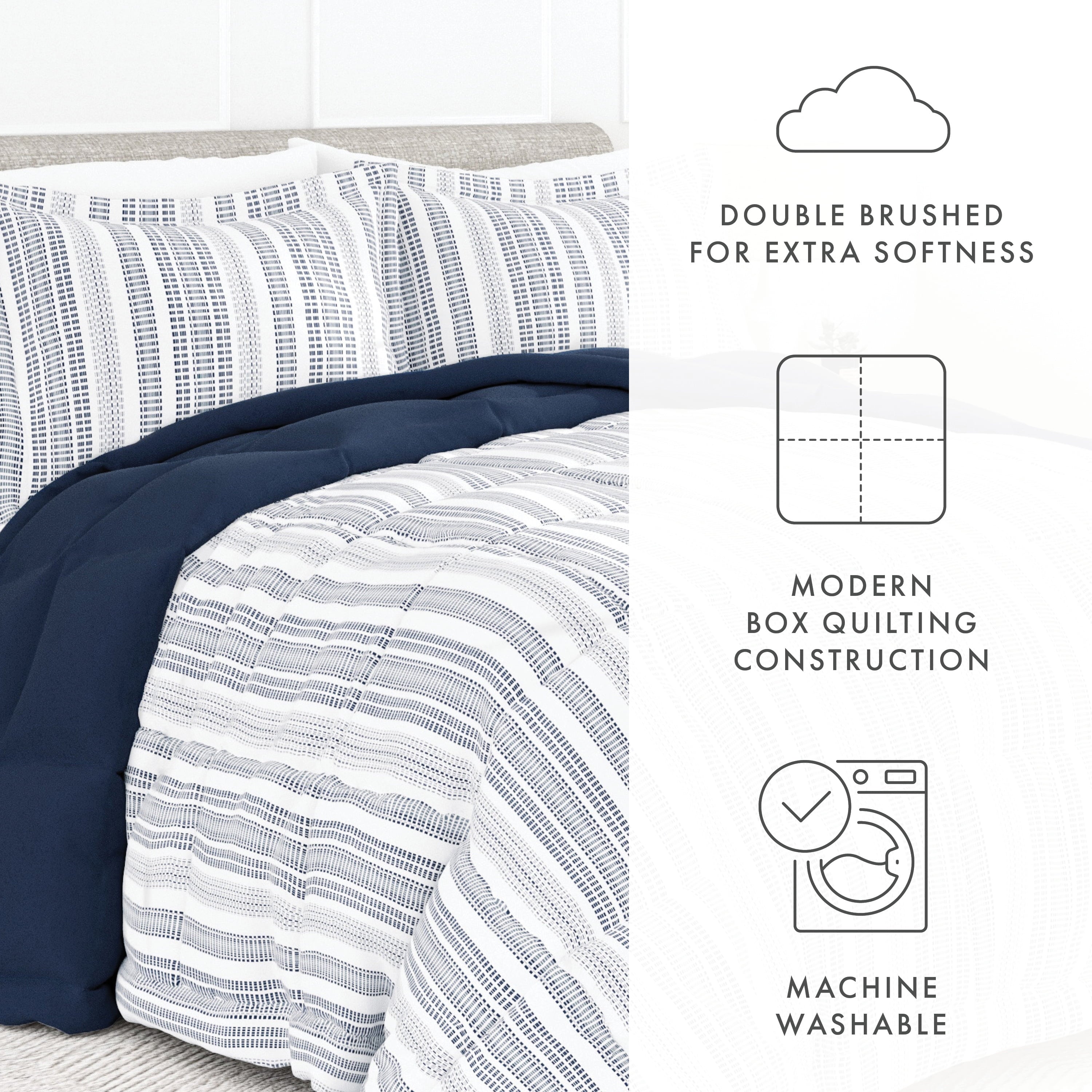 Hypoallergenic Cloud 2-Piece Navy Farmhouse Dreams ReversiblePrint Comforter Set, Twin/TwinXL - All-Season Down Alternative Comforter Insert Detail