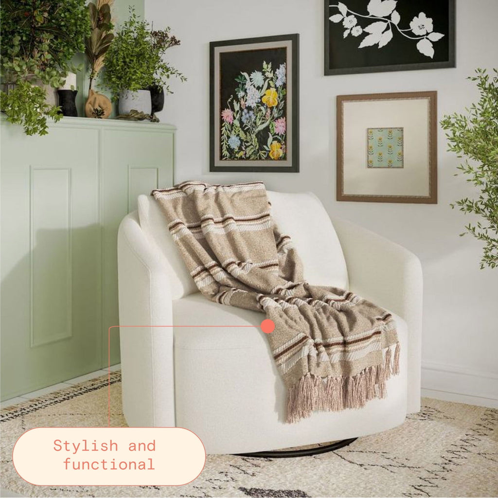 Lightweight Warm 60" x 50" Cozy Striped Porcini Chenille Throw - Luxury Knitted Decorative Throw Blanket with Fringes Detail