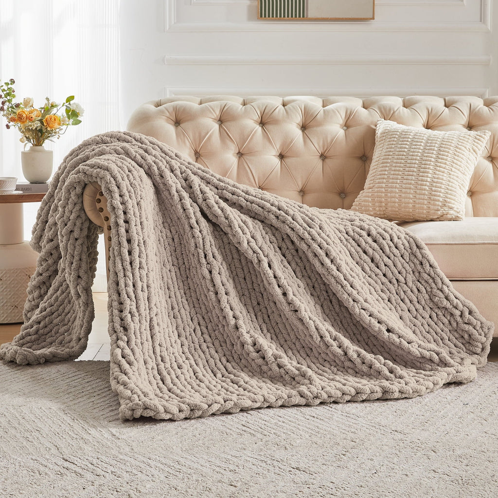 Cozy Fleece Chunky Knit Throw Blanket Handmade Soft Throws for Couch Sofa Bed, 50" x 60" Taupe - Luxury Knitted Decorative Throw Blanket with Fringes Detail