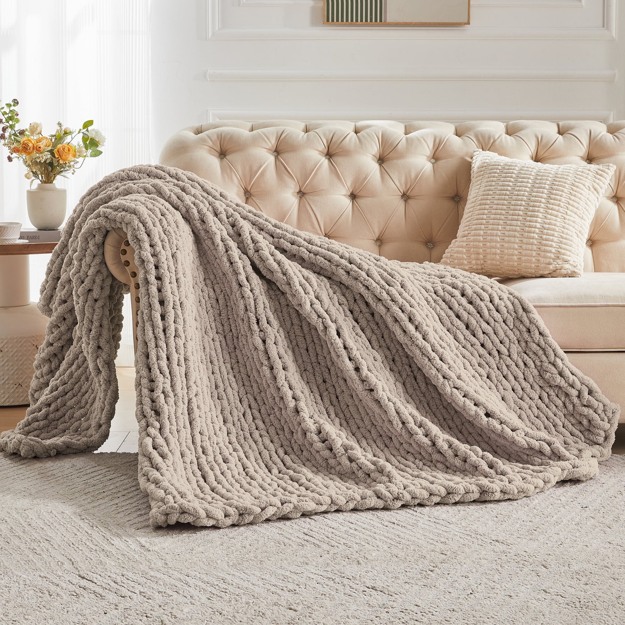 Cozy Fleece Chunky Knit Throw Blanket Handmade Soft Throws for Couch Sofa Bed, 50" x 60" Taupe - Luxury Knitted Decorative Throw Blanket with Fringes Detail