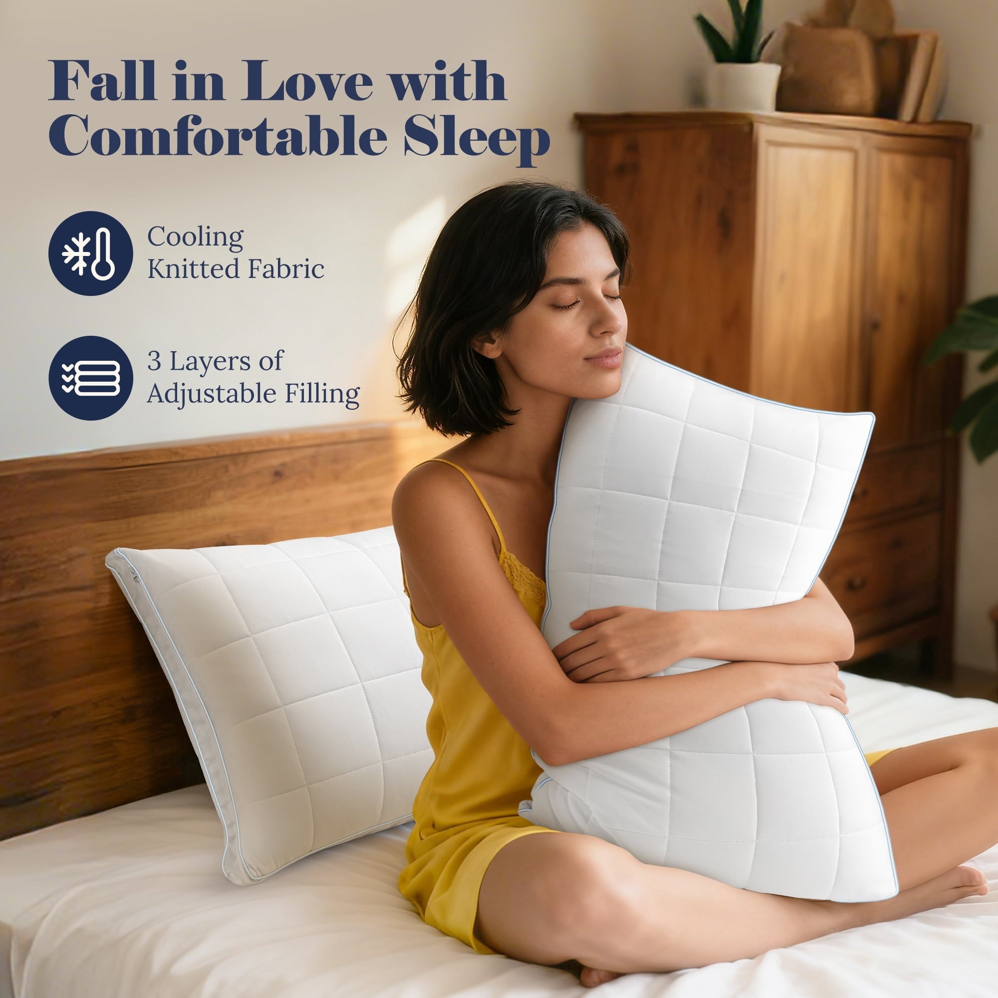 Decorative Plump Cooling Adjustable Pillow, Luxury Queen Size Bed Pillows Hotel Collection - Soft Firm Pillows for bed - Hotel Quality Plush Sleeping Pillows Detail