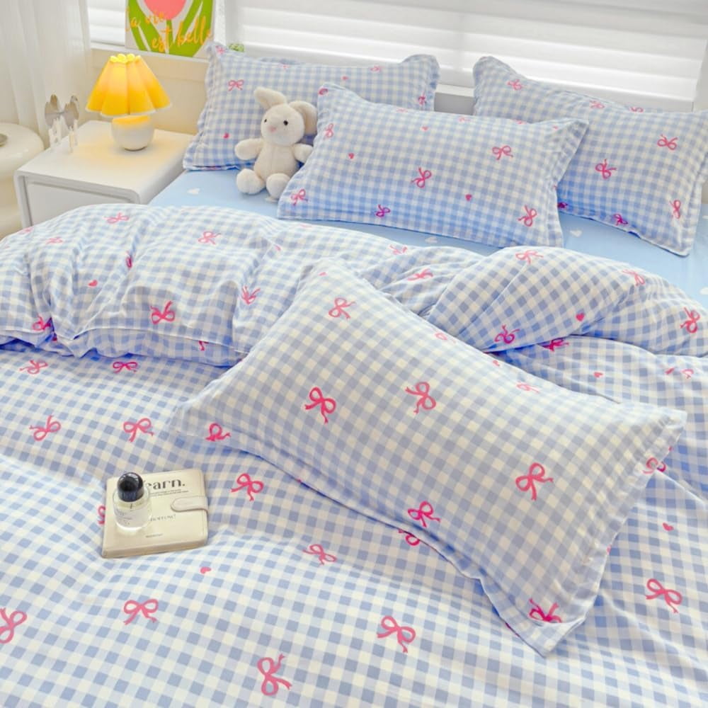 All-Season 3-Piece Blue Plaid Pink Bows Comforter Full Set , Cute Soft Bedding Set for Kids Adults - All-Season Down Alternative Comforter Insert Detail