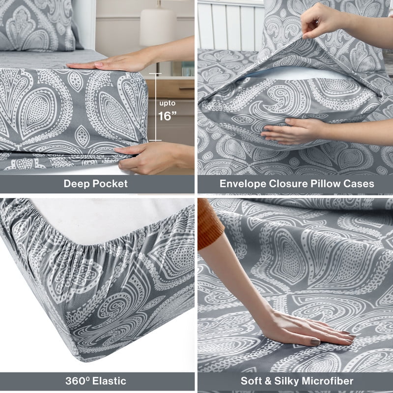 Ultra-Soft Lux Decor 4 Piece Queen Sheet Set, Brushed Microfiber Paisley Printed Bed Sheet Set with up to 16" Deep Pocket Fitted... - Cooling Hotel Quality Bedding Sheets and Pillowcases Detail