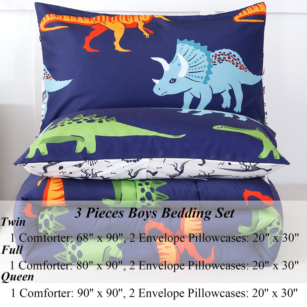 Luxurious Quilted 3 Pcs Dinosaur Twin Size Bedding Sets for Boys, Dinosaur Printing Boys Comforter Set, Blue and White Reversible Bed C... - Luxurious Quilted Duvet Cover Set Detail