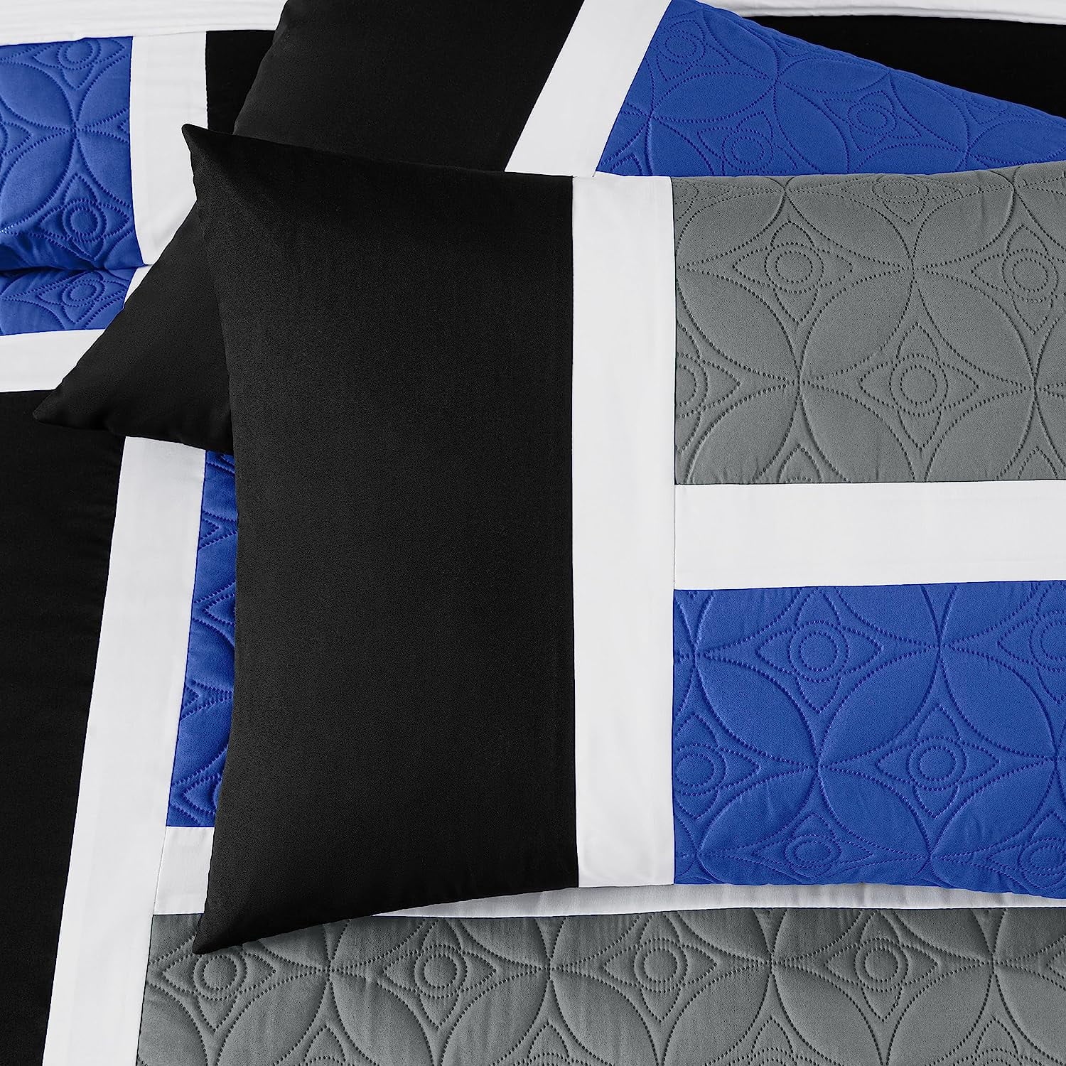 Luxurious Quilted Bernard 7-Piece Full Bed in a Bag Comforter Set with Sheets, Lightweight Comforter Blue Black Gray Patchwork Quilted ... - Cloud-Like Soft Lightweight Bed Comforter Detail