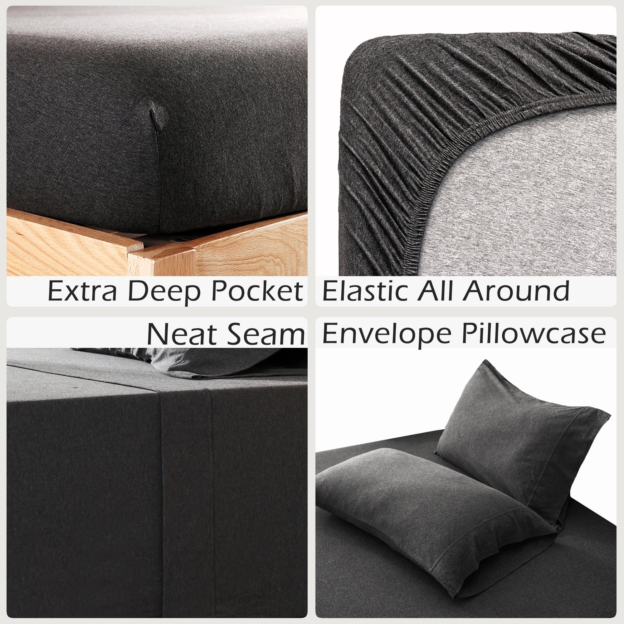 Wrinkle-Resistant 100% Cotton Jersey Knit 4pc Bed Sheet Set Extra Deep Pocket up to 20" Charcoal Gray Queen - Premium Ultra-Soft Pillowcase Pair for Sleeping Detail