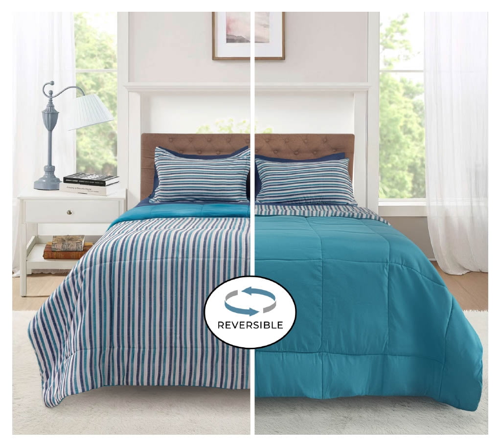 All-Season All in One Reversible Comforter and Sheet Set- 7 Piece, Queen, Blue Pinstripe - Cloud-Like Soft Lightweight Bed Comforter Detail