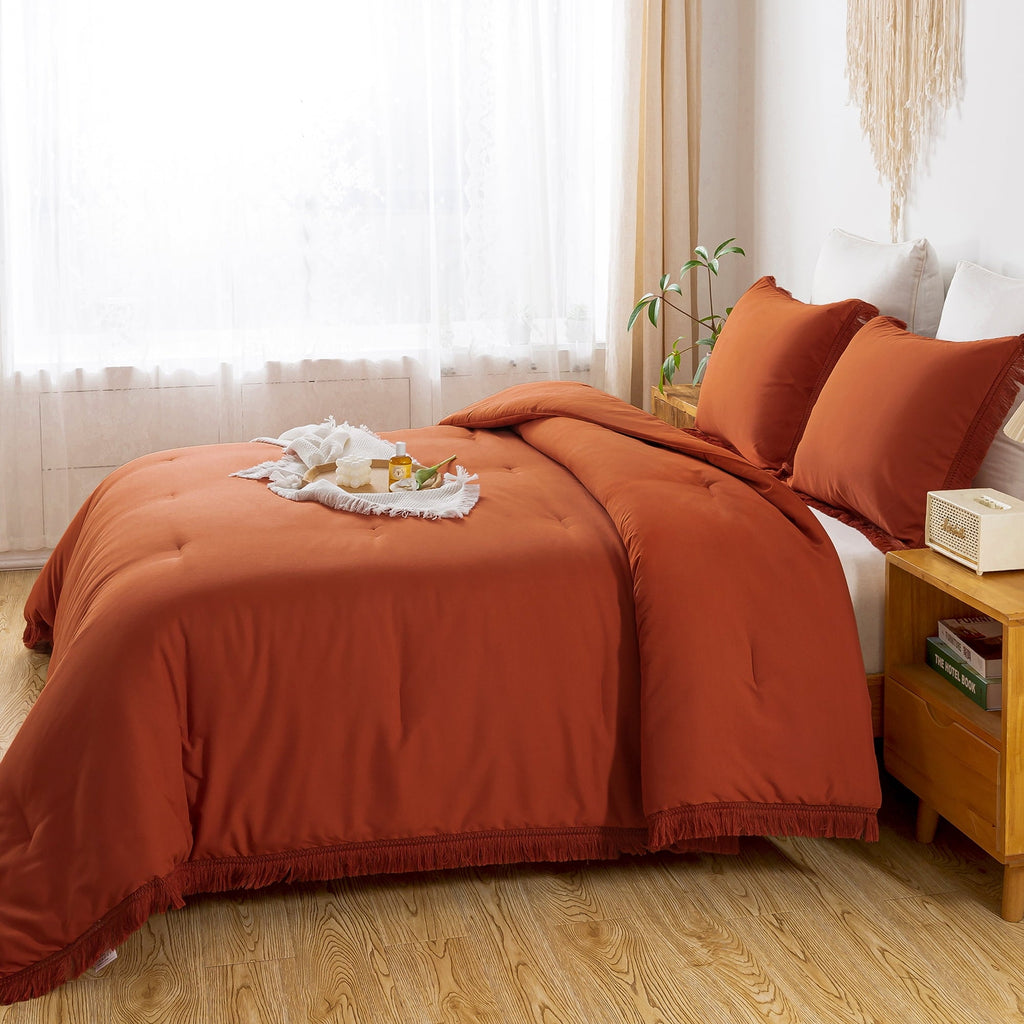Fluffy Down Alternative King Size Comforter Sets Burnt Orange, 3 Pieces Soft Fluffy Boho Bedding Comforter Sets for King Bed, All Season Terr... - Luxurious Quilted Duvet Cover Set Detail