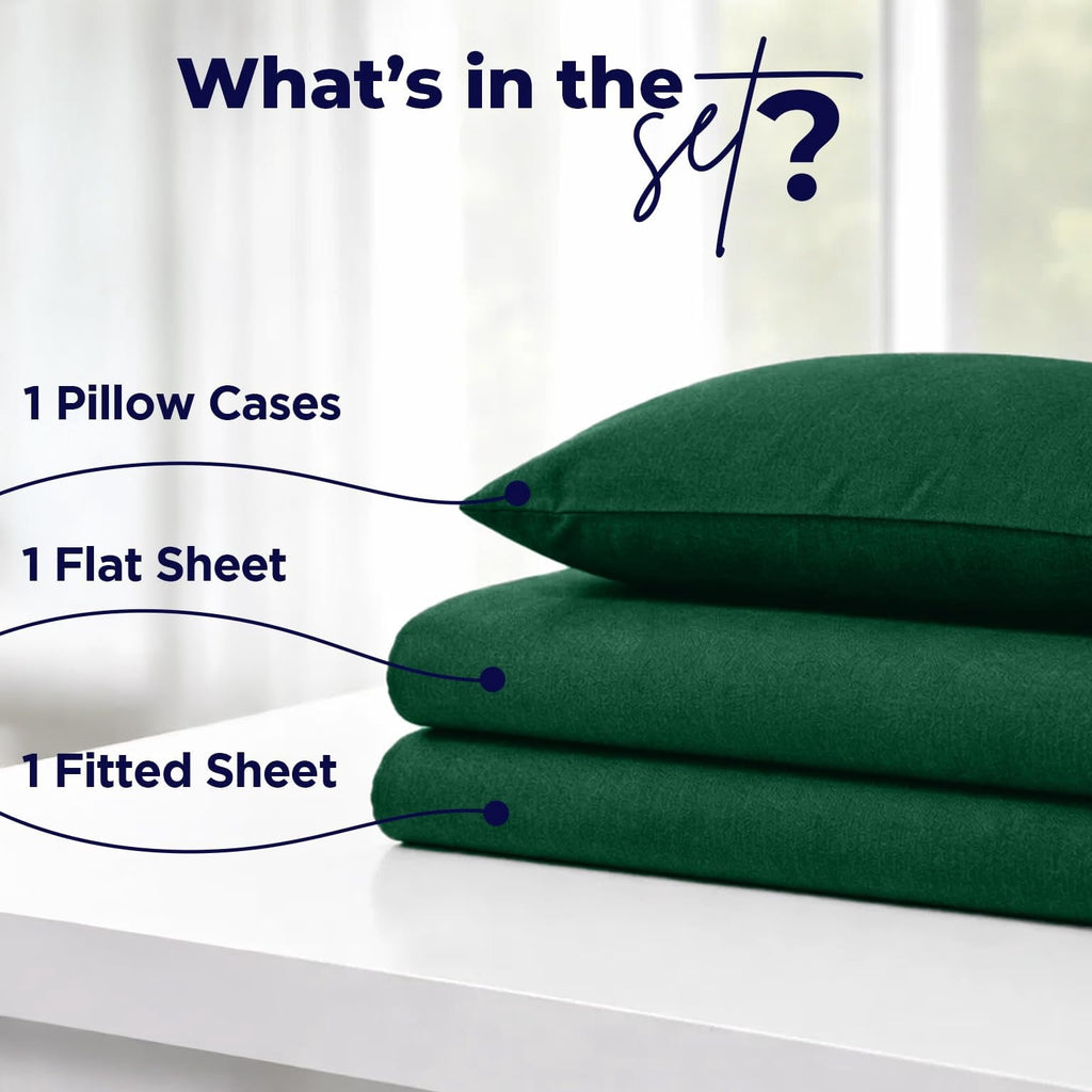 Ultra-Soft Bed Sheet Set Twin 3 Piece Hunter Green Breathable Soft Cotton Jersey Sheets with Deep Pockets, Unisex - Premium Ultra-Soft Pillowcase Pair for Sleeping Detail