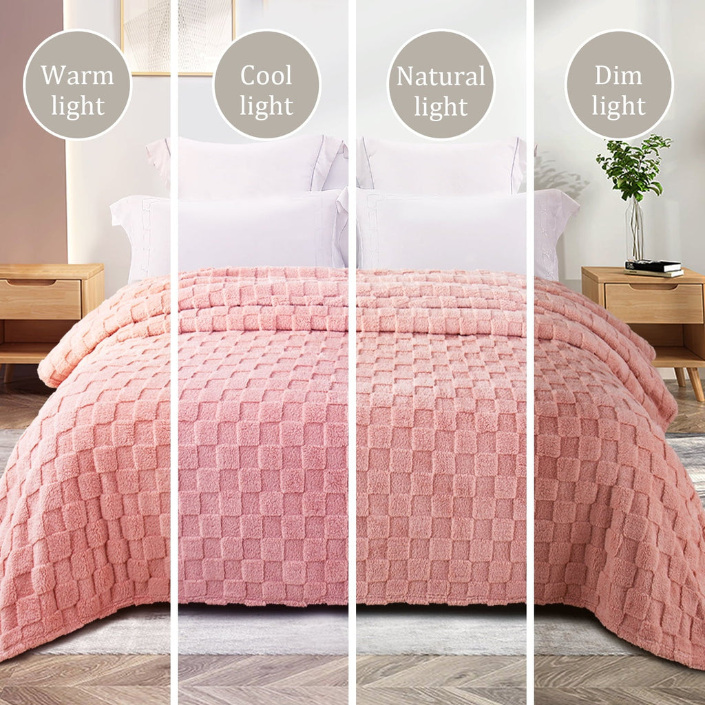 Decorative Knitted Fleece Throw Blanket for Couch, Super Soft Warm Lightweight Checkered Pattern Blanket for All Seasons, Pink, 50"x60" - Super Soft Reversible Sherpa Flannel Blanket Detail