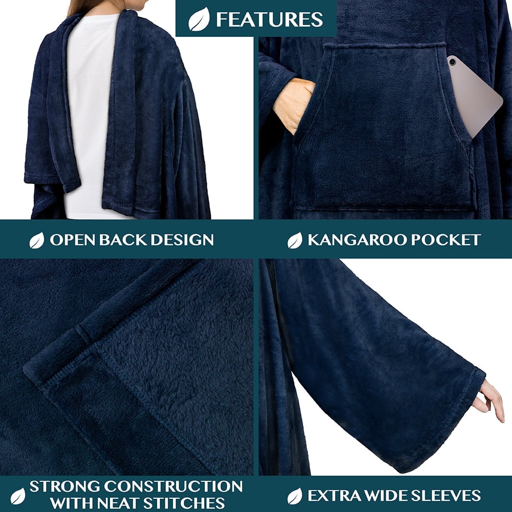 Super Soft Flannel Navy Blue Fleece Wearable Blanket with Sleeves for Adults Women Men, Soft Warm Full Body Wrap Throw, Sweatshirt Pocke... - Luxury Knitted Decorative Throw Blanket with Fringes Detail