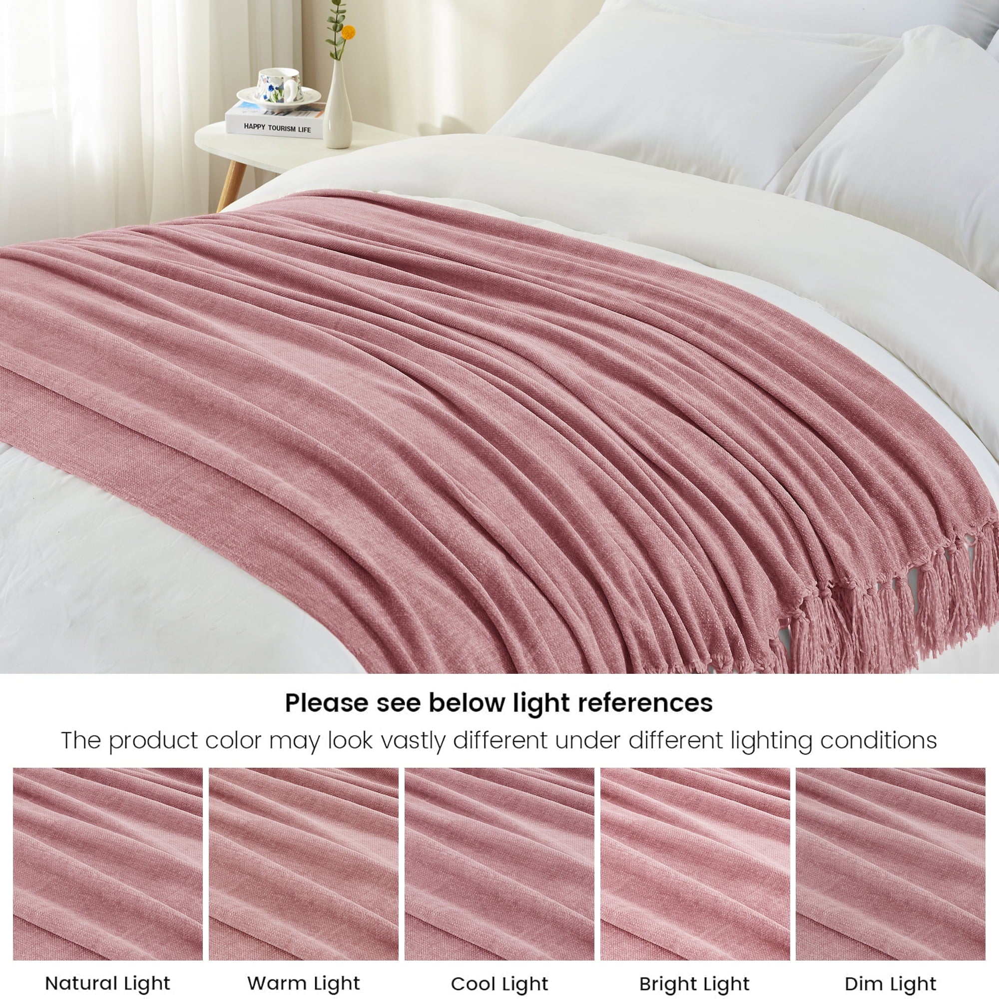Super Soft Flannel Chenille Throw Blanket with Fringe Tassel for Couch Sofa Chair Bed, Mauve 50" X 70" - Cozy Fleece Throw Blanket for Couch & Bed Detail