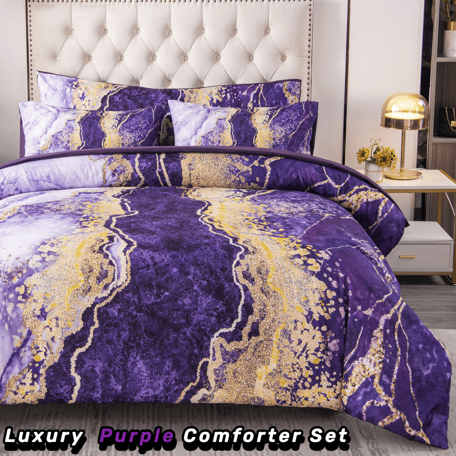 Hypoallergenic Cloud 6 Pieces Queen Size Comforter Set Purple,Watercolor Marble Colorful Purple Bedding,Ultra Soft Purple Bed Set with Com... - All-Season Down Alternative Comforter Insert Detail