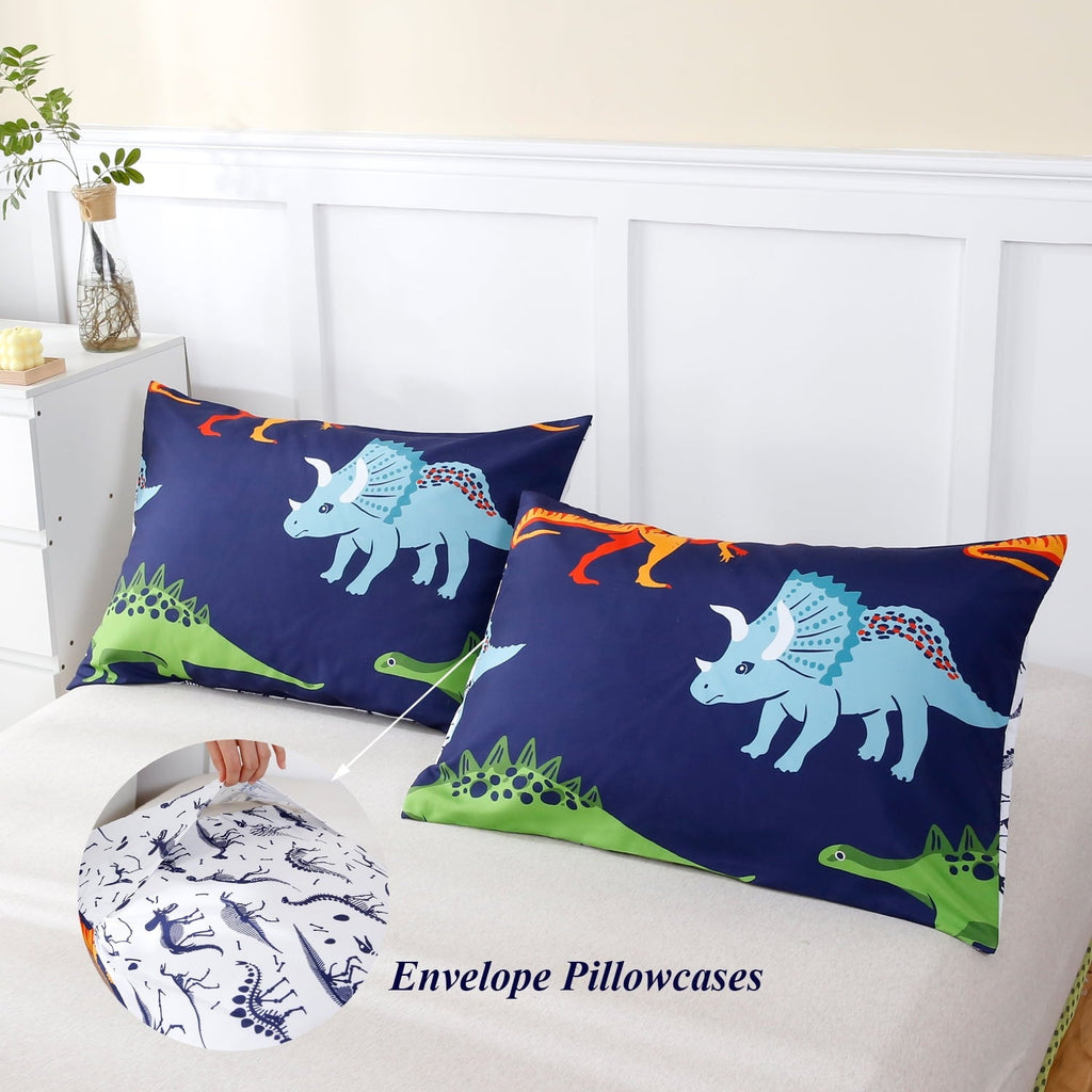 Luxurious Quilted 3 Pcs Dinosaur Twin Size Bedding Sets for Boys, Dinosaur Printing Boys Comforter Set, Blue and White Reversible Bed C... - Luxurious Quilted Duvet Cover Set Detail
