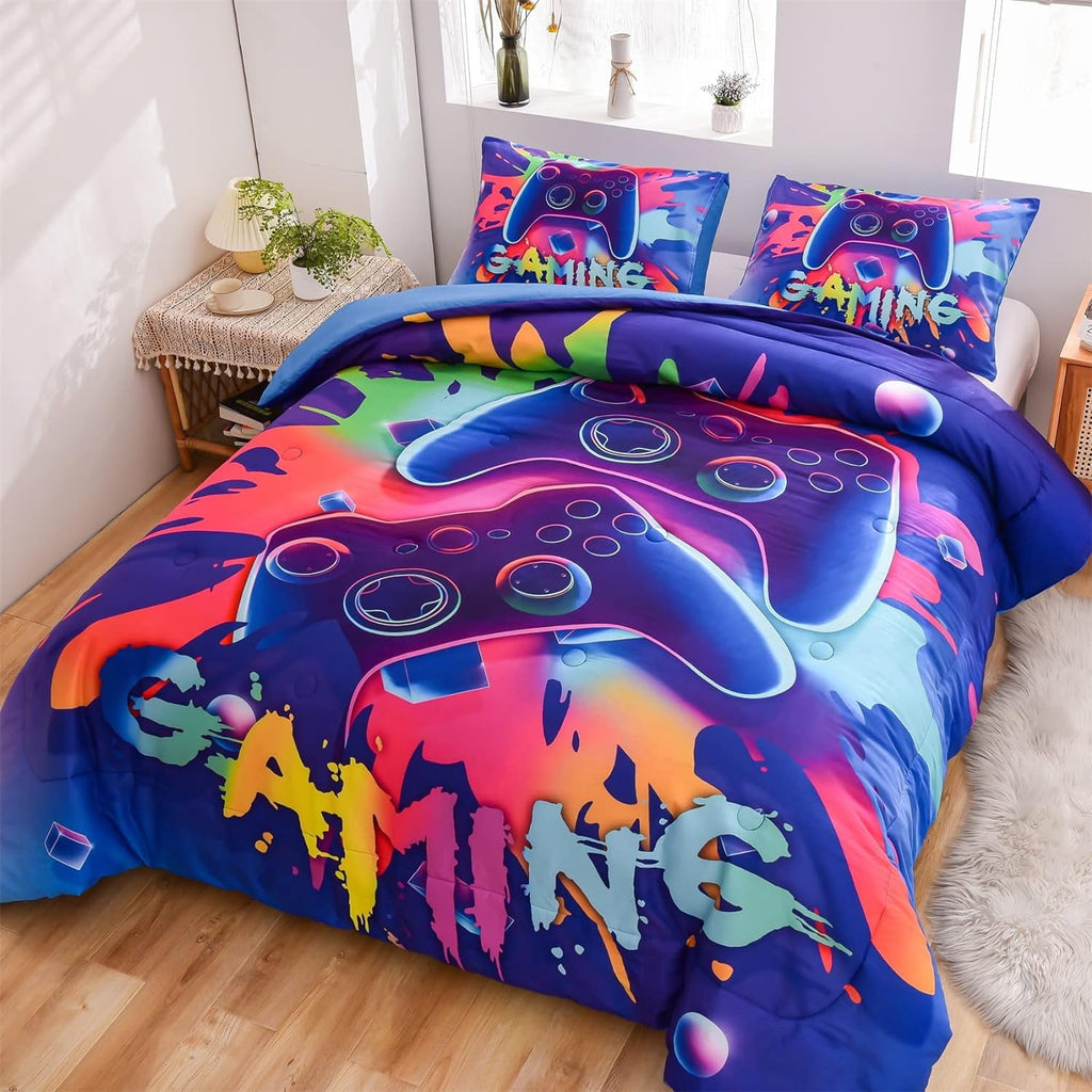 All-Season Purple Queen Gaming Comforter Sets for Boys Kids Bedding Sets Colorful Games Console Gamer Quilt Set - Hypoallergenic Ultra-Fluffy Quilt for Winter Detail