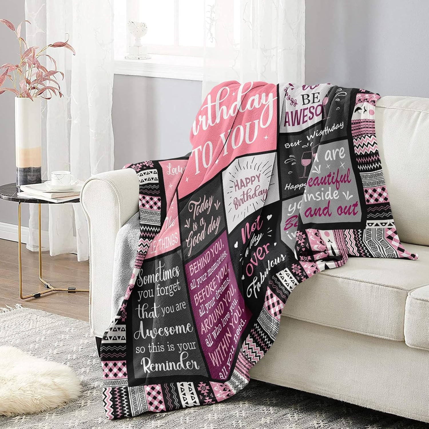 Reversible Sherpa Birthday Gifts for Women Girls Throw Blanket, Happy Birthday Decorations for Women, Gifts for Women Birthday Unique, ... - Lightweight Plush Warm Blanket for All Seasons Detail