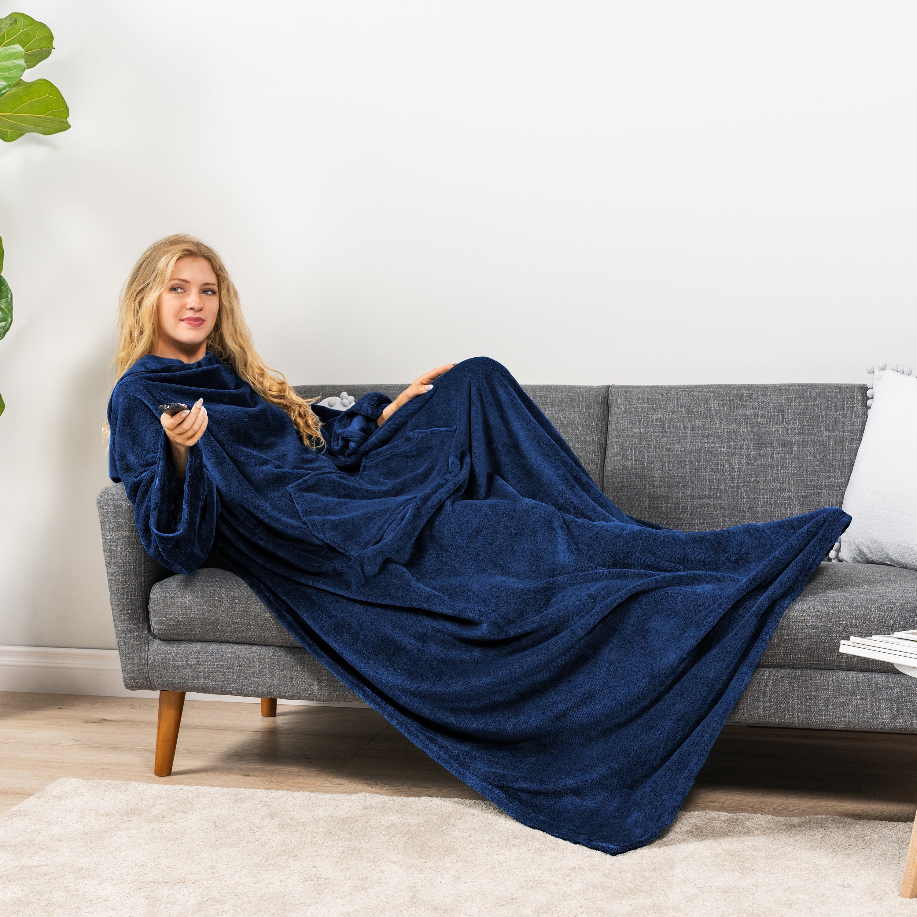 Super Soft Flannel Navy Blue Fleece Wearable Blanket with Sleeves for Adults Women Men, Soft Warm Full Body Wrap Throw, Sweatshirt Pocke... - Luxury Knitted Decorative Throw Blanket with Fringes Detail