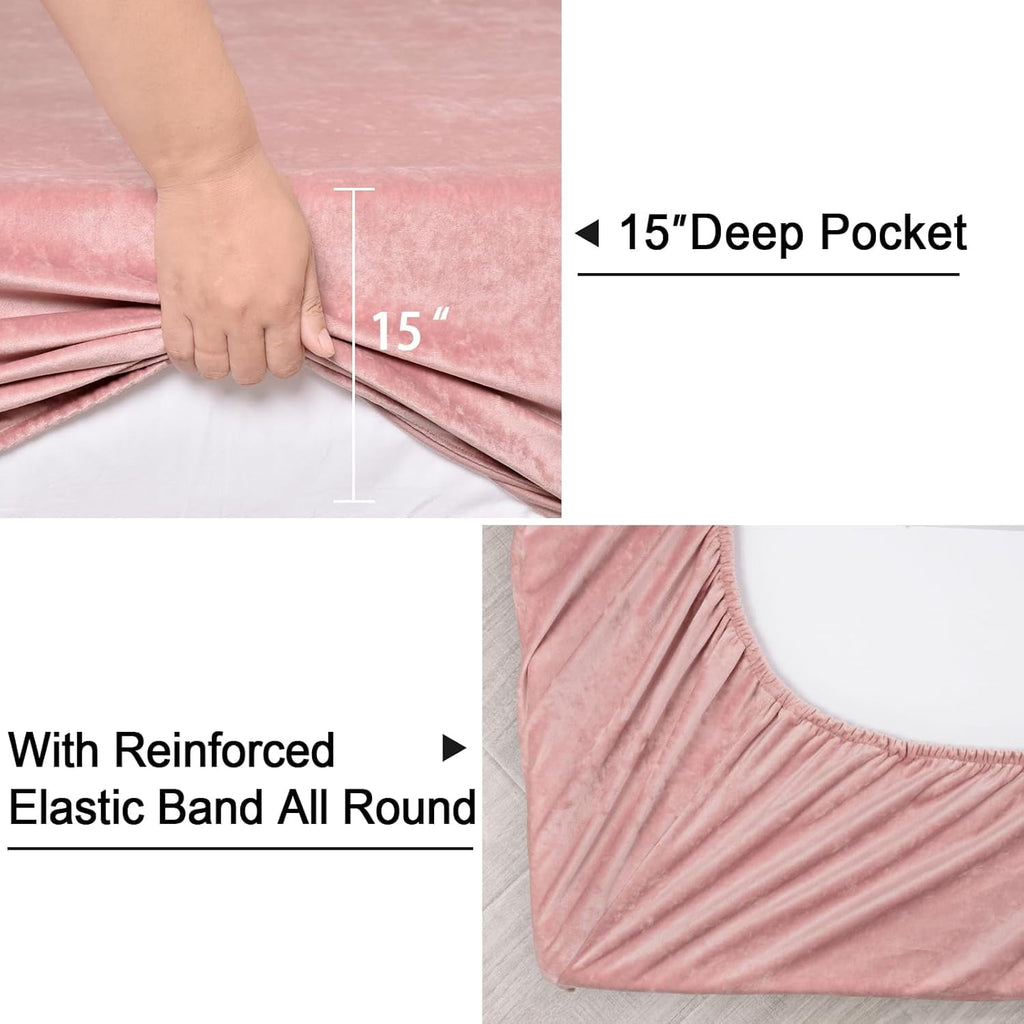Cooling Sateen Truly Velvet Fitted Sheet Twin Size, Luxury Super Soft Flannel Bottom Sheet with 15" Deep Pocket for Winter, Pink - Cooling Hotel Quality Bedding Sheets and Pillowcases Detail