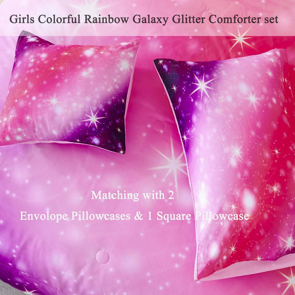 Heavyweight Warmth 4Pcs Rainbow Twin Size Comforter Set for Girls, Pink Purple Gradient Glitter Kids Bedding Sets, Soft Galaxy Girls Bed... - All-Season Down Alternative Comforter Insert Detail