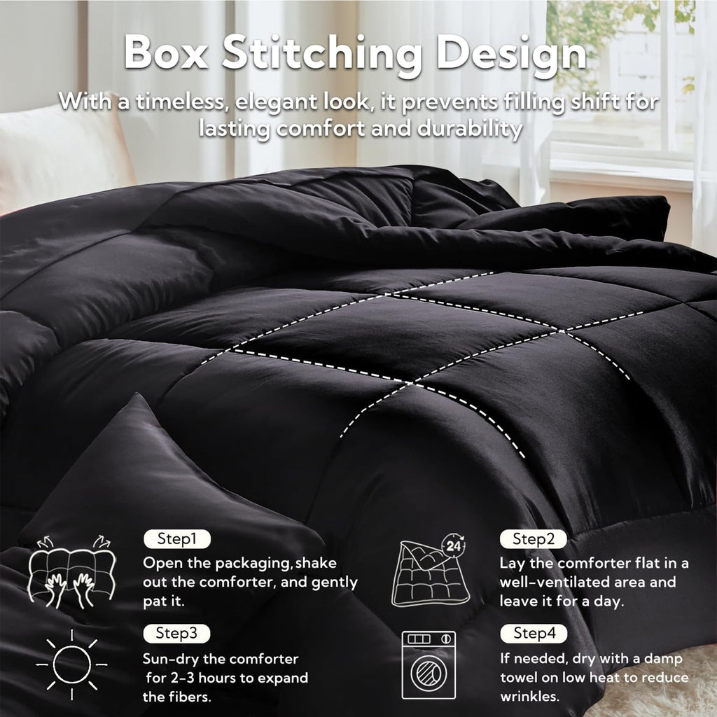 Luxurious Quilted Reversible Satin Microfiber Comforter 3 Pieces Queen Size, Black Queen Comforter Set for All Seasons, Silky Soft Sati... - Hypoallergenic Ultra-Fluffy Quilt for Winter Detail