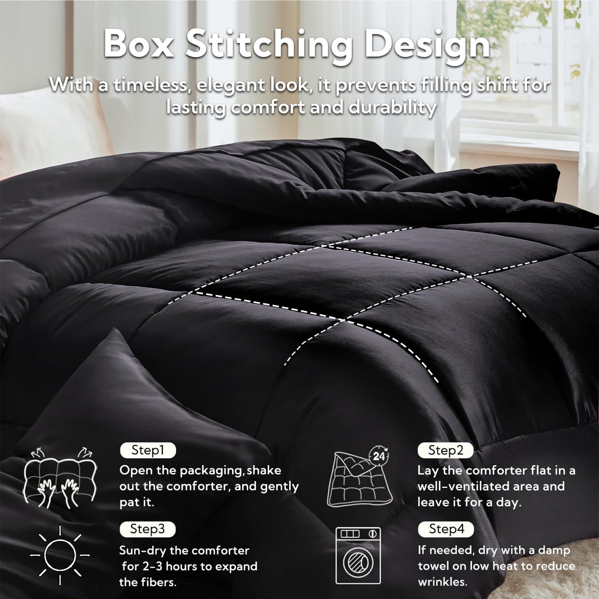 Luxurious Quilted Reversible Satin Microfiber Comforter 3 Pieces Queen Size, Black Queen Comforter Set for All Seasons, Silky Soft Sati... - Hypoallergenic Ultra-Fluffy Quilt for Winter Detail