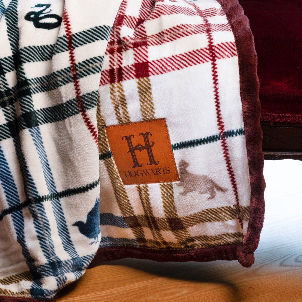 Super Soft Flannel Academic Plaid Tartan Crest with Faux Leather Patch and Milky Mink Reverse Throw, 60x70 inches - Super Soft Reversible Sherpa Flannel Blanket Detail