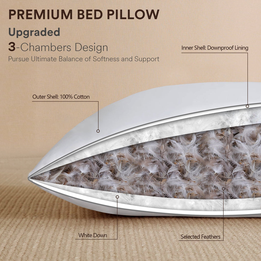 Decorative Plump Goose Feather Down Pillows Queen Size Set of 2, 100% Cotton Cover Hotel Collection Bed Pillows，20"x28" - Orthopedic Shredded Foam Bed Pillow Set Detail